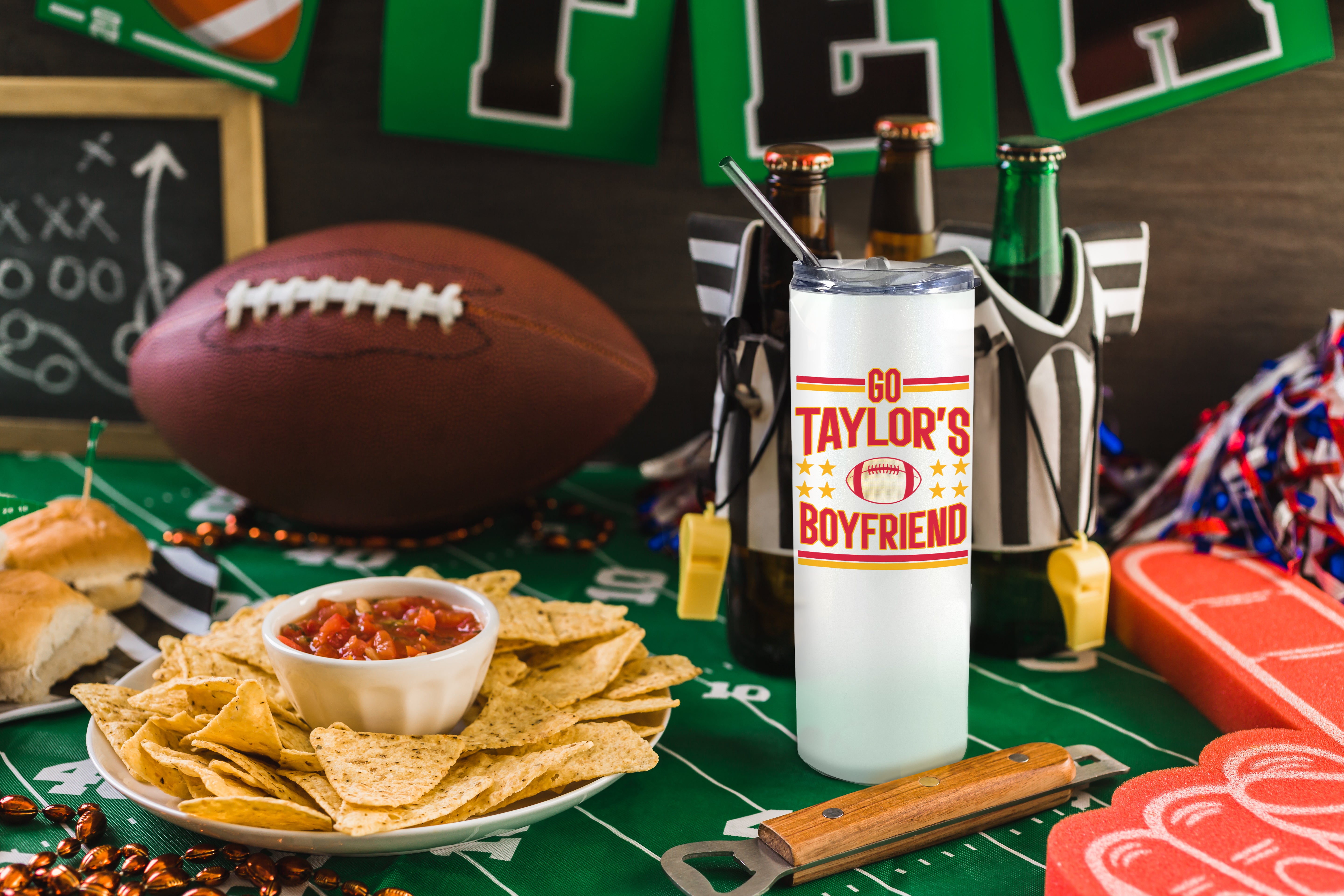 Sports Collection (Go Taylor’s Boyfriend) 20 oz Stainless Steel Travel White Tumbler with Straw