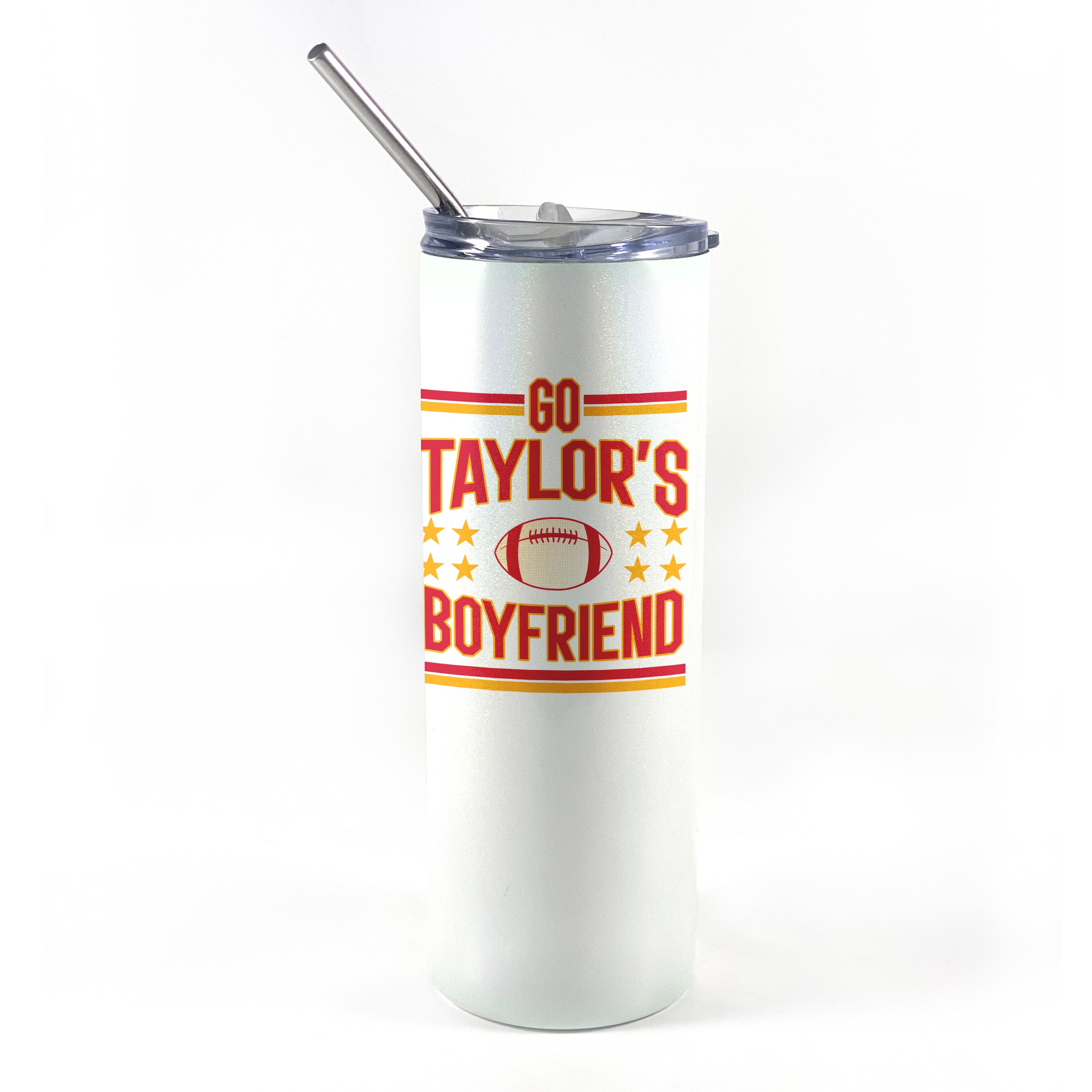 Sports Collection (Go Taylor’s Boyfriend) 20 oz Stainless Steel Travel White Iridescent Tumbler with Straw