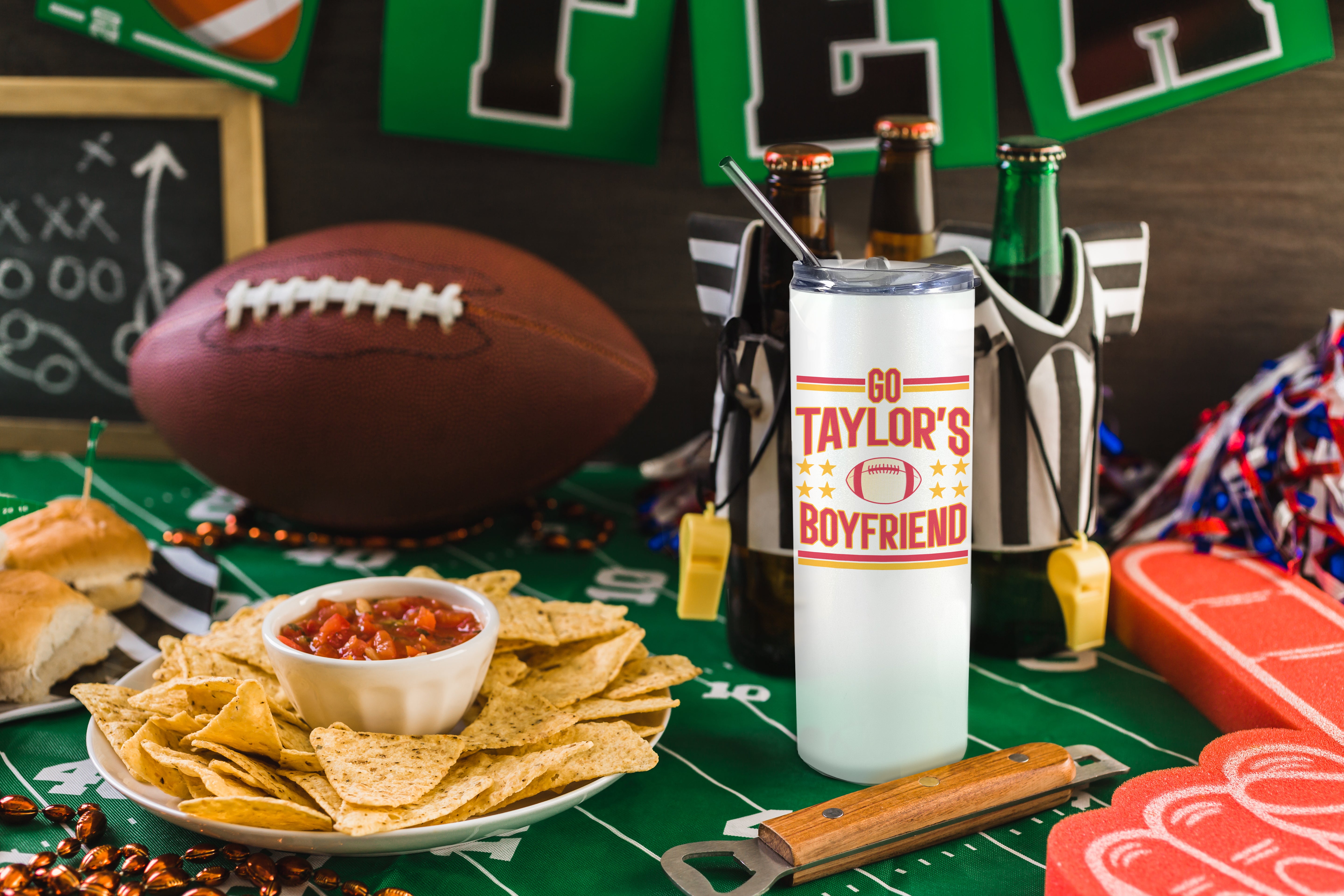 Sports Collection (Go Taylor’s Boyfriend) 20 oz Stainless Steel Travel White Iridescent Tumbler with Straw