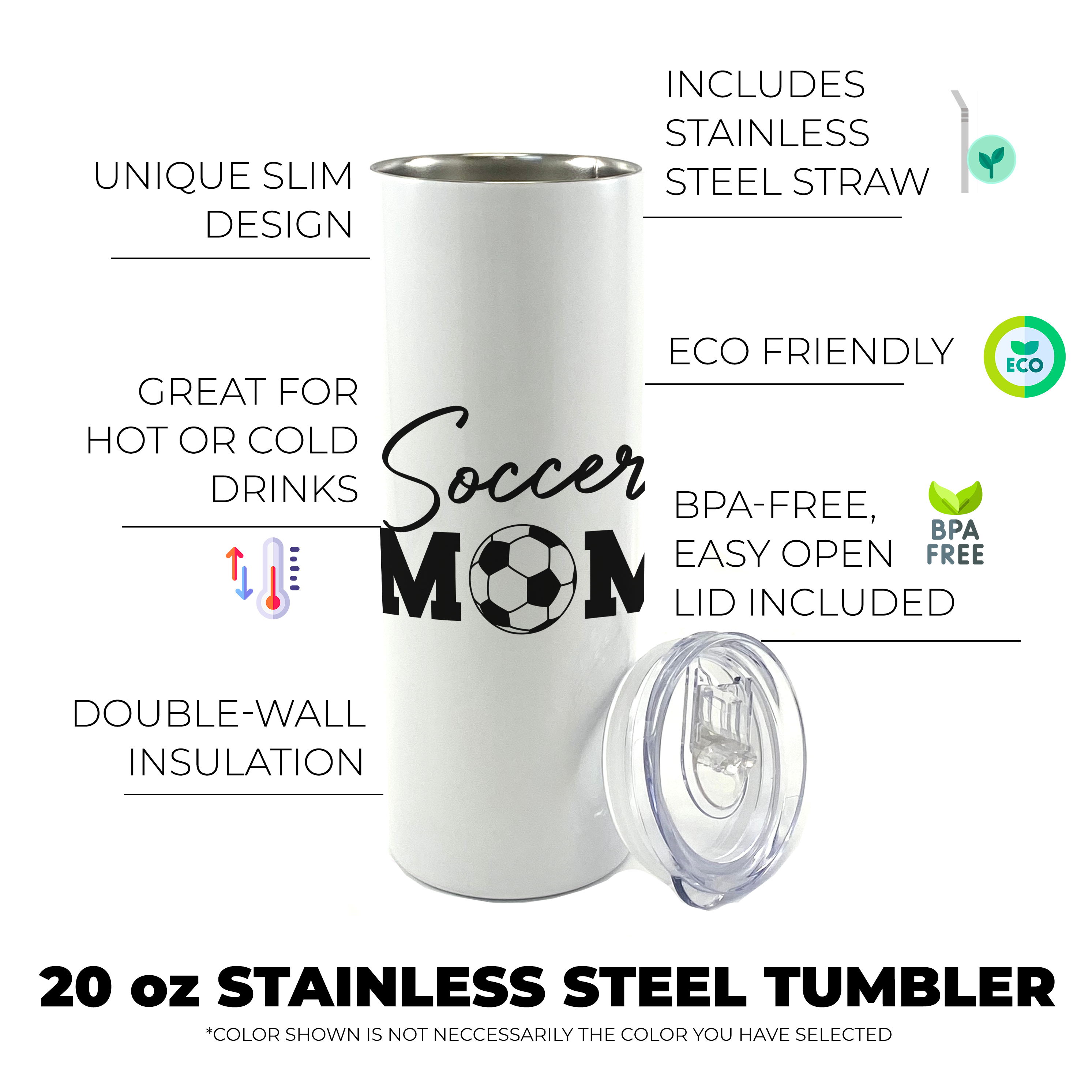 Sports Collection (Soccer Mom - Personalized) 20 Oz Stainless Steel Travel Tumbler with Straw (White)