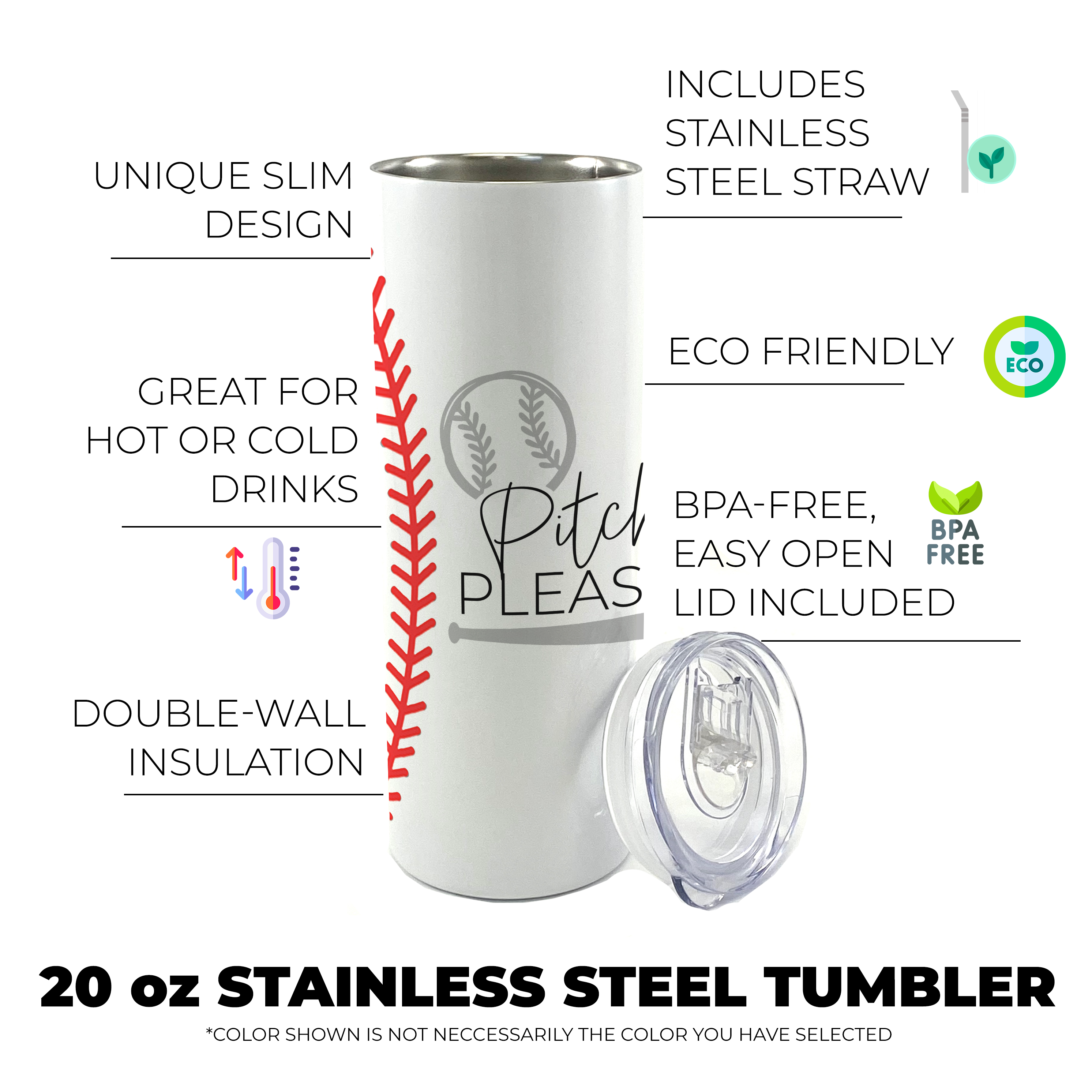 Sports Collection (Pitch Please - Baseball) 20 Oz Stainless Steel Travel Tumbler with Straw