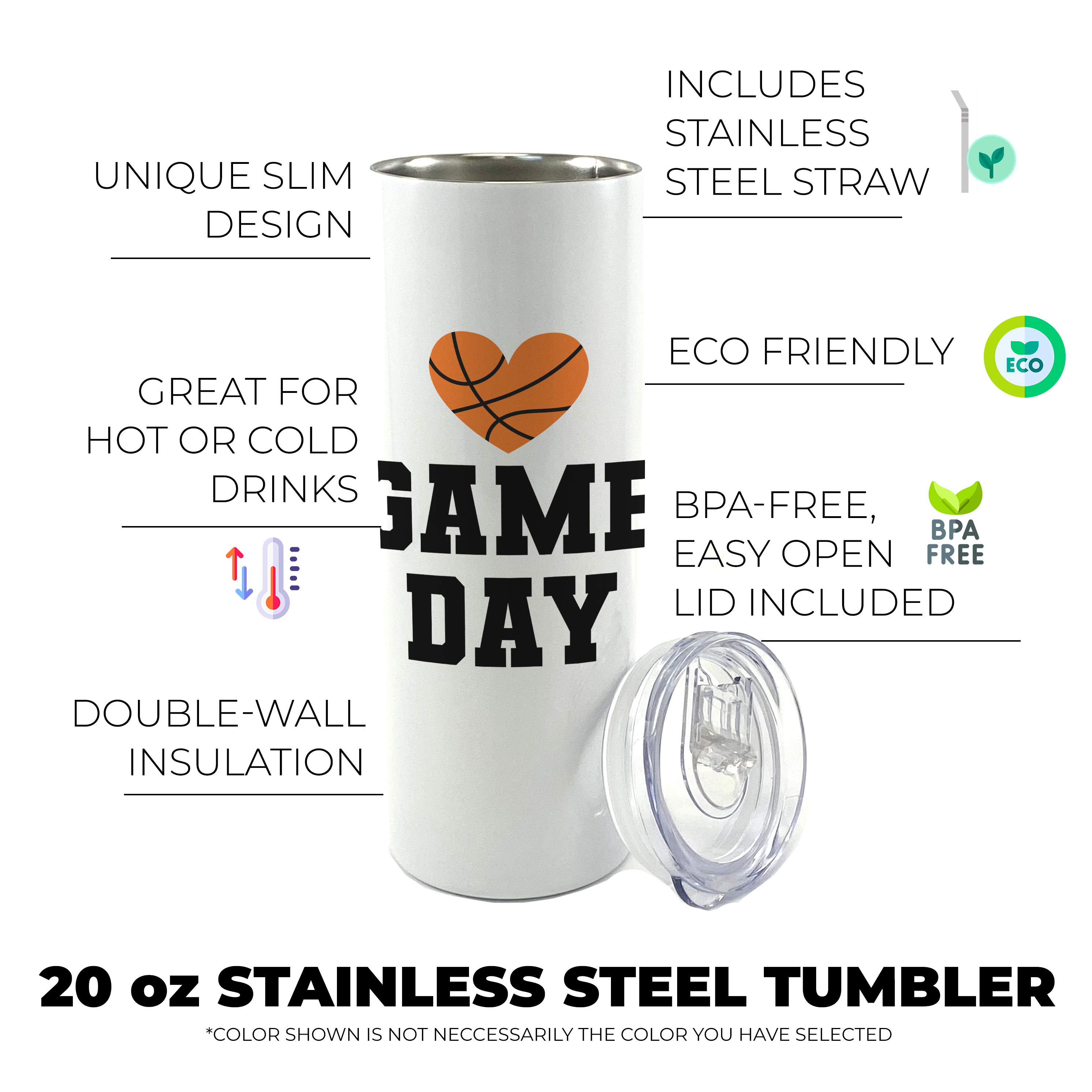 Sports Collection (Game Day – Basketball - Personalized) 20 Oz Stainless Steel Travel Tumbler with Straw (White)