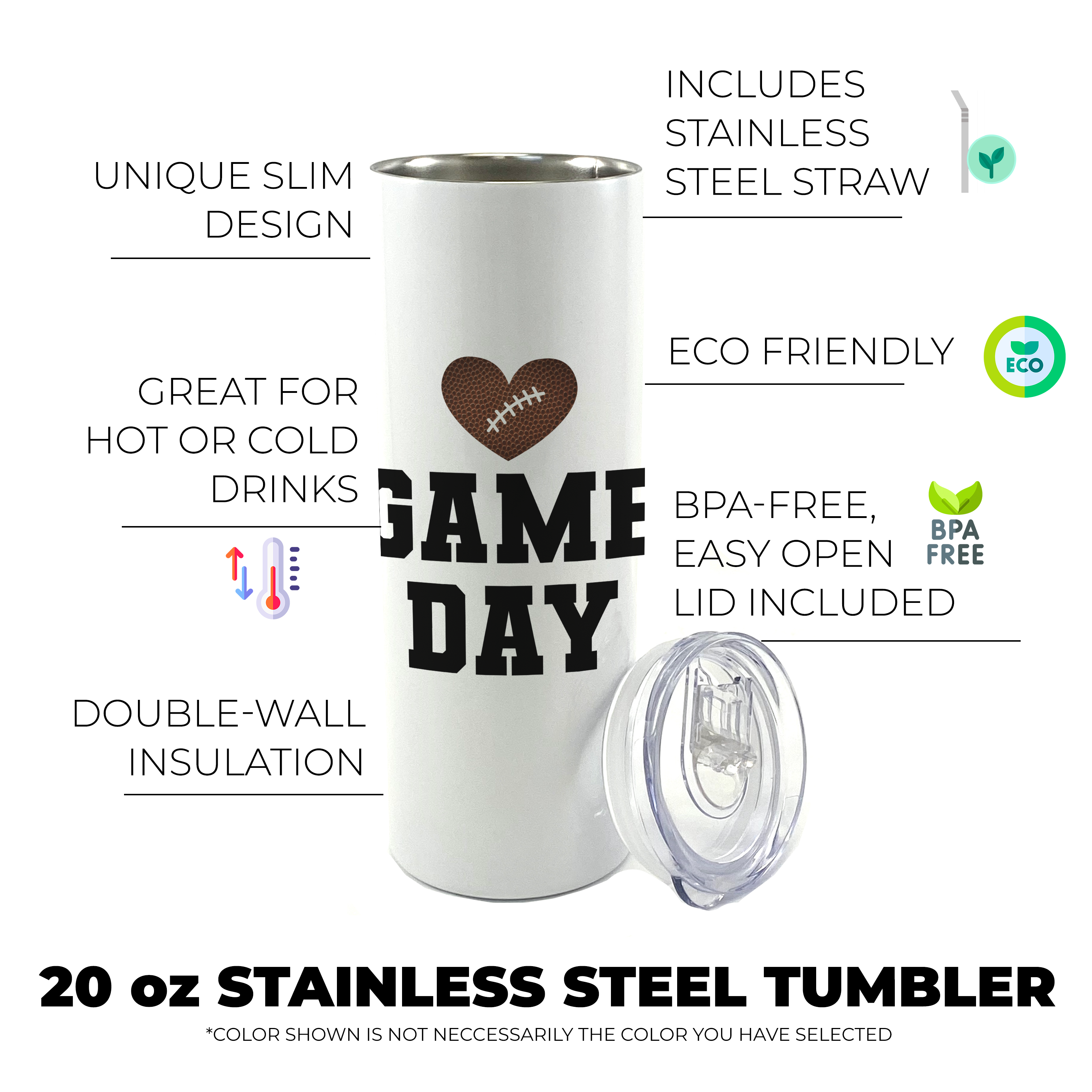 Sports Collection (Football Game Day - Personalized) 20 Oz Stainless Steel Travel Tumbler with Straw (White)