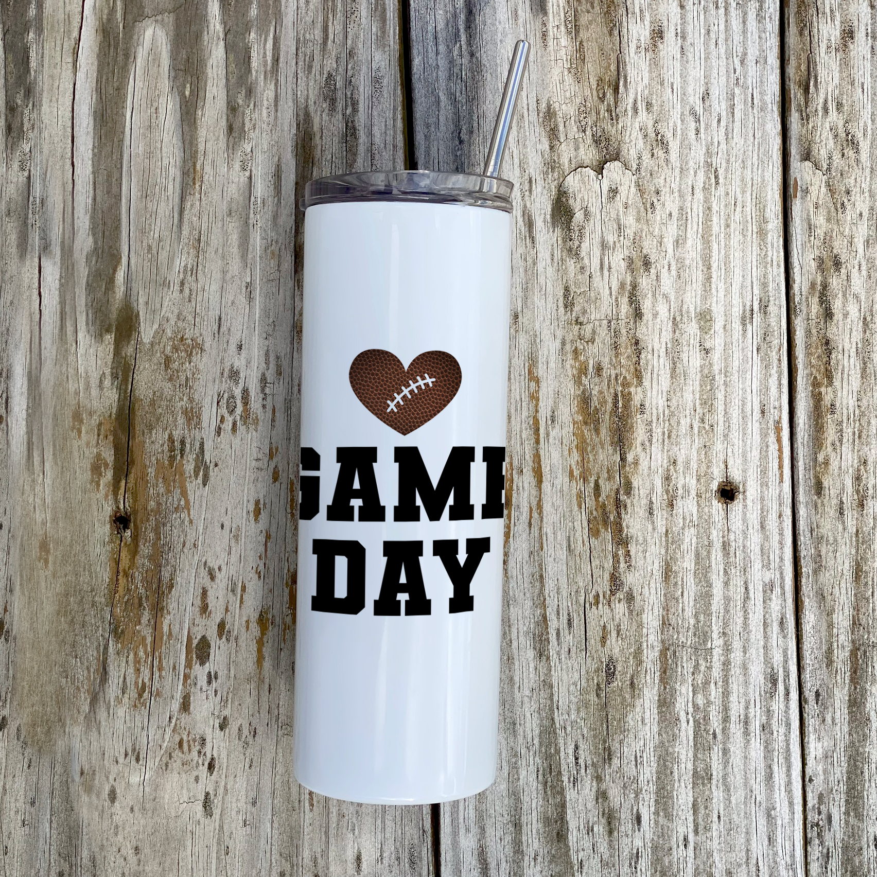 Sports Collection (Football Game Day - Personalized) 20 Oz Stainless Steel Travel Tumbler with Straw (White)