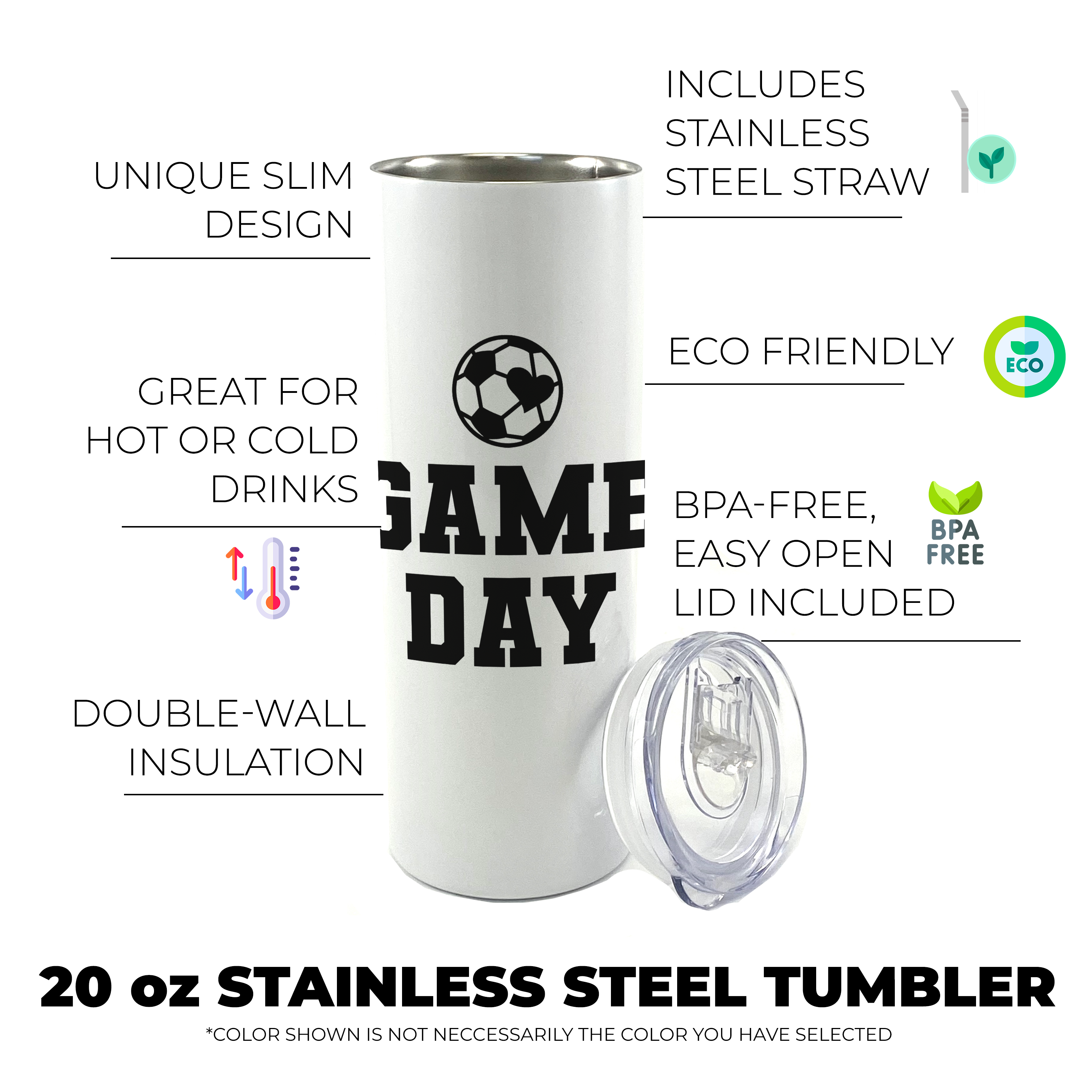 Sports Collection (Soccer Game Day - Personalized) 20 Oz Stainless Steel Travel Tumbler with Straw (White)