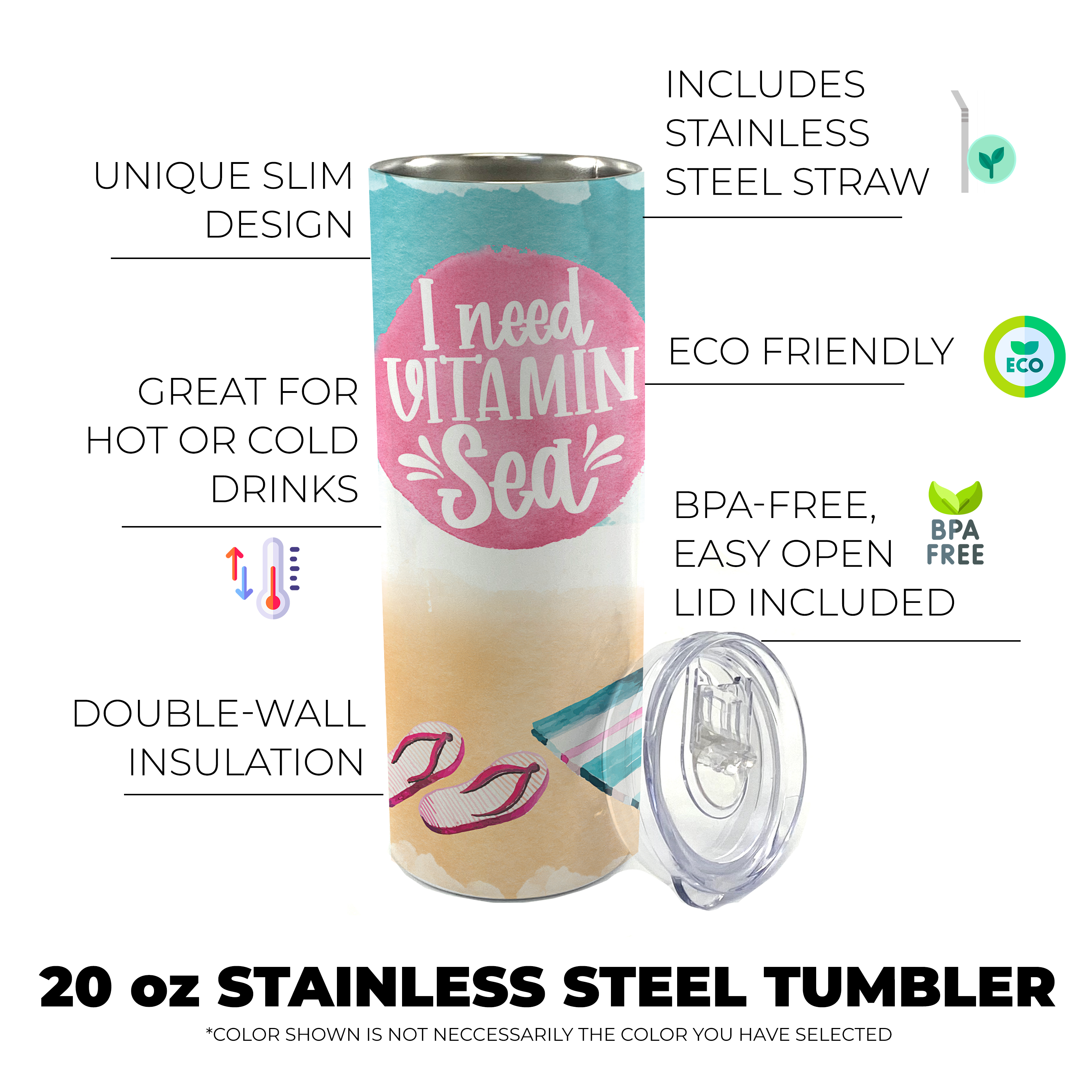 Vacation Collection (I Need Vitamin Sea) 20 Oz Stainless Steel Travel Tumbler with Straw
