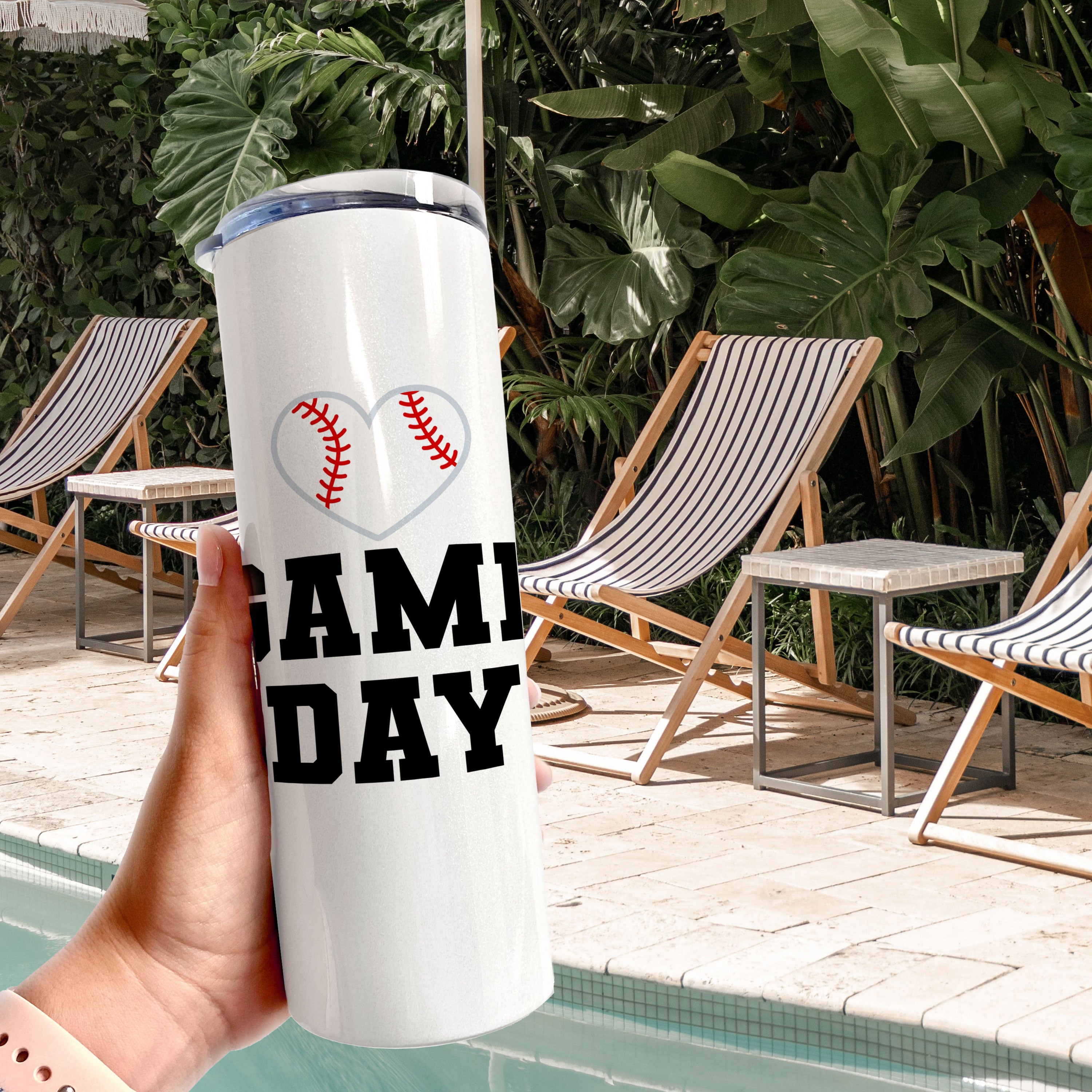 Sports Collection (Baseball Game Day - Personalized) 20 Oz Stainless Steel Travel Tumbler with Straw (White Iridescent)