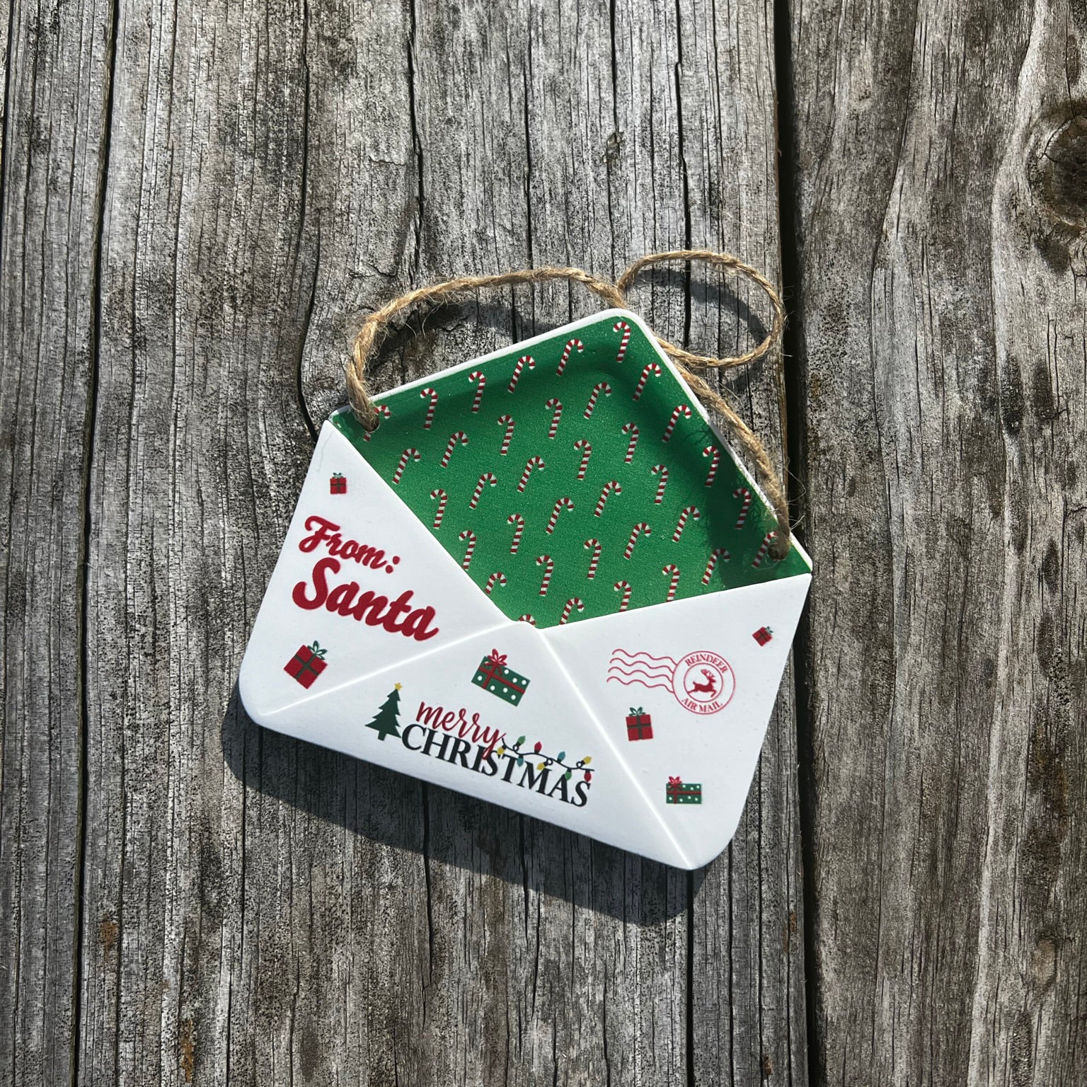Christmas Collection (Note From Santa - Personalized) Green Candy Cane Envelope Resin Ornament with Letter