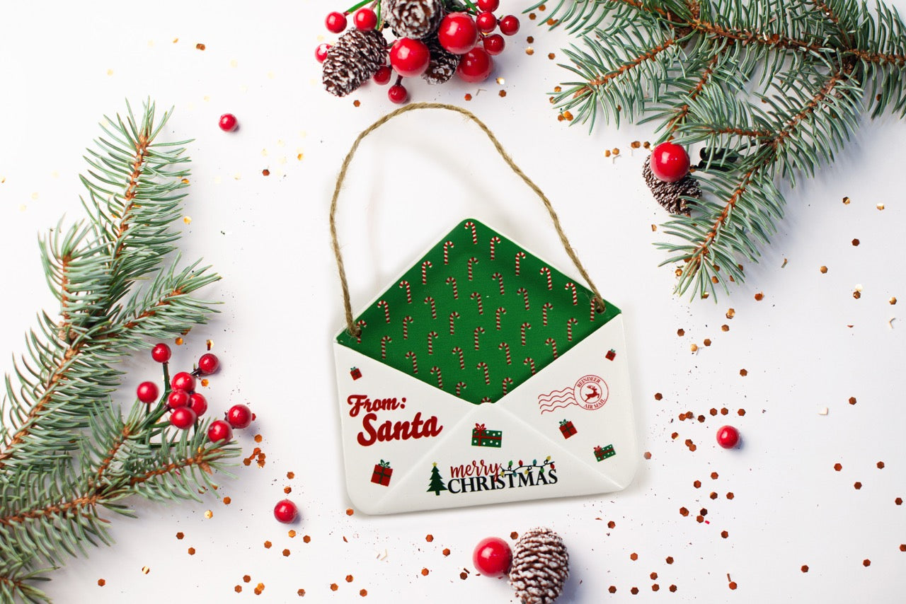 Christmas Collection (Note From Santa - Personalized) Green Candy Cane Envelope Resin Ornament with Letter