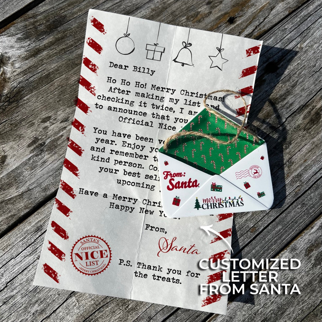 Christmas Collection (Note From Santa - Personalized) Green Candy Cane Envelope Resin Ornament with Letter