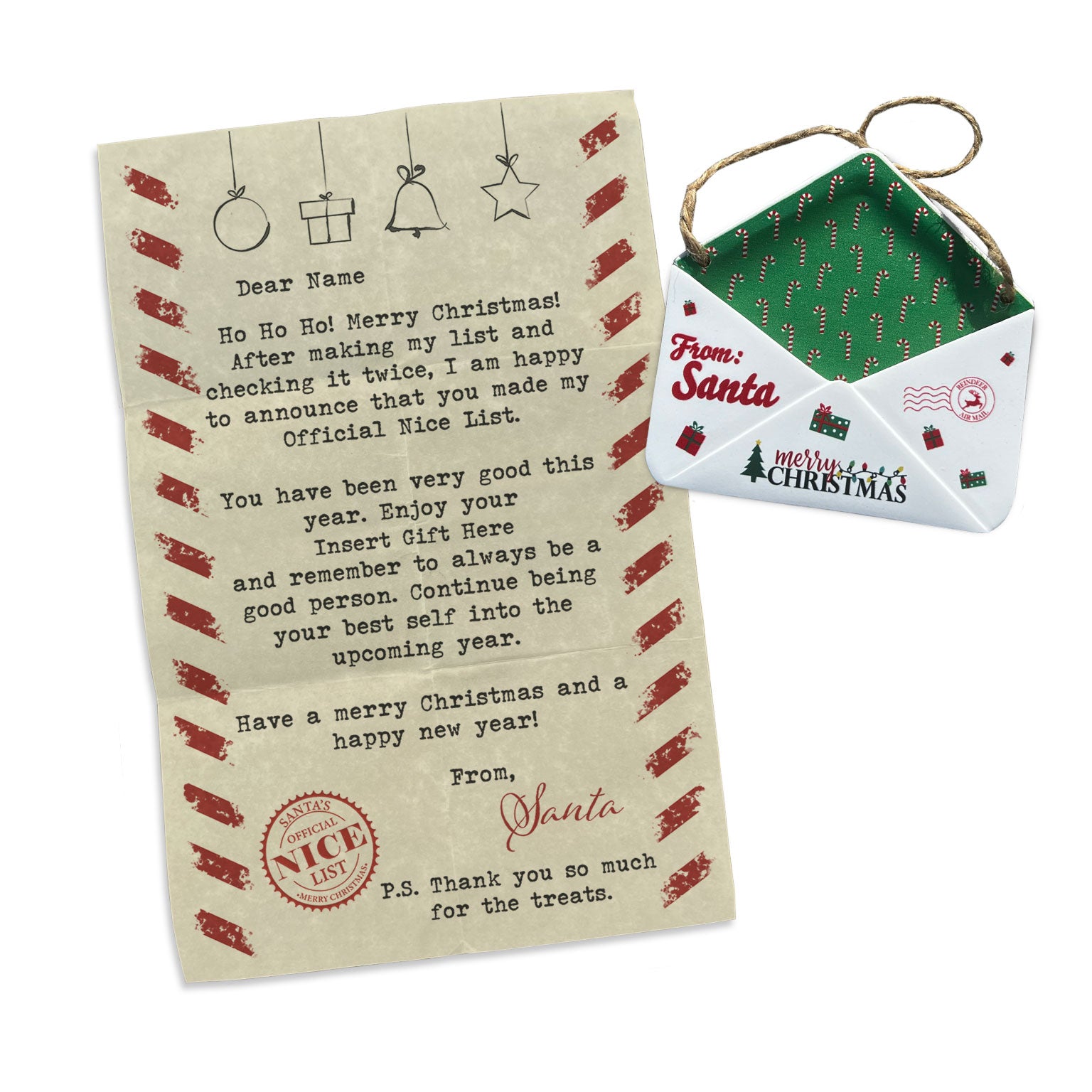 Christmas Collection (Note From Santa - Personalized) Green Candy Cane Envelope Resin Ornament with Letter