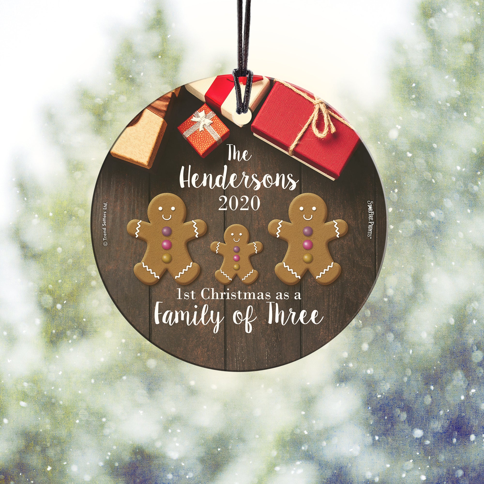 Christmas Collection (First Christmas as a Family of Three – Personalized) StarFire Prints™ Hanging Glass Print