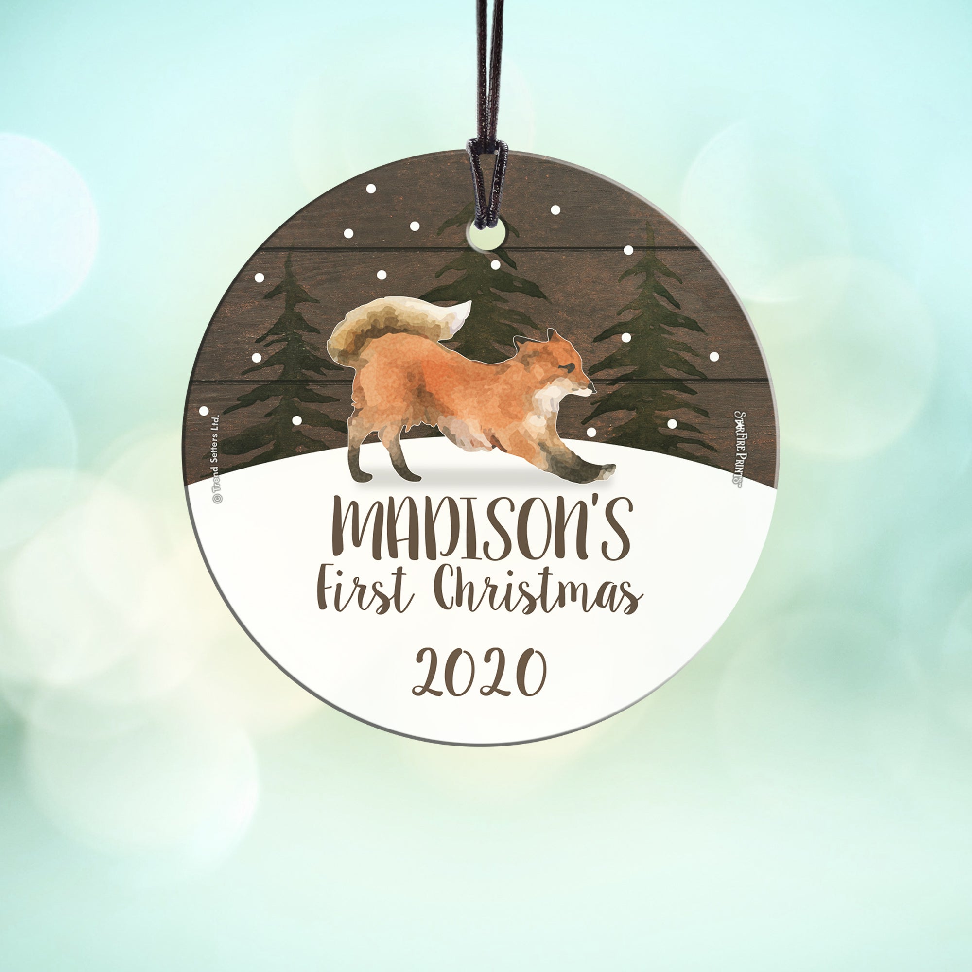 Christmas Collection (Baby’s First Christmas Fox – Personalized) StarFire Prints Hanging Glass Print