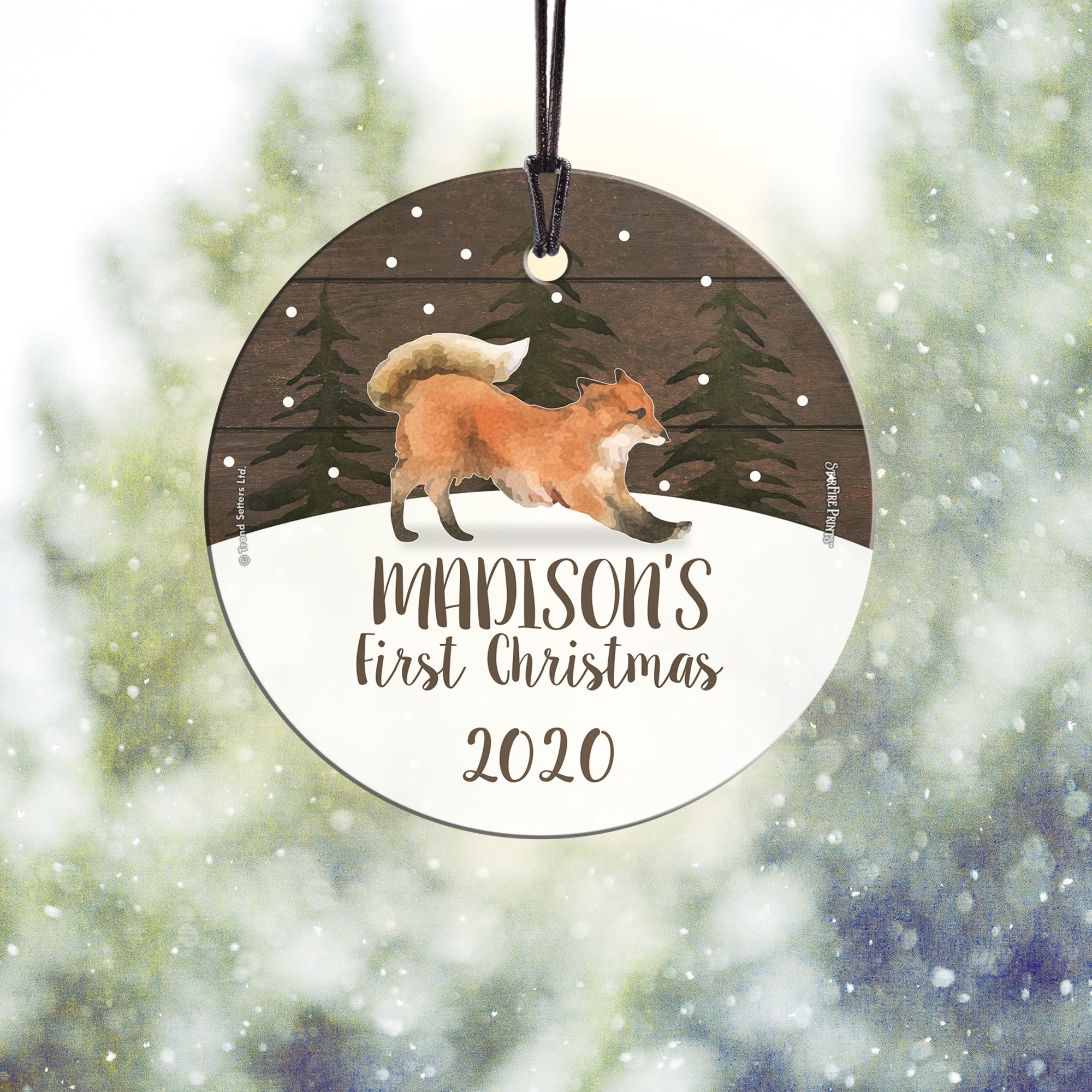 Christmas Collection (Baby’s First Christmas Fox – Personalized) StarFire Prints Hanging Glass Print