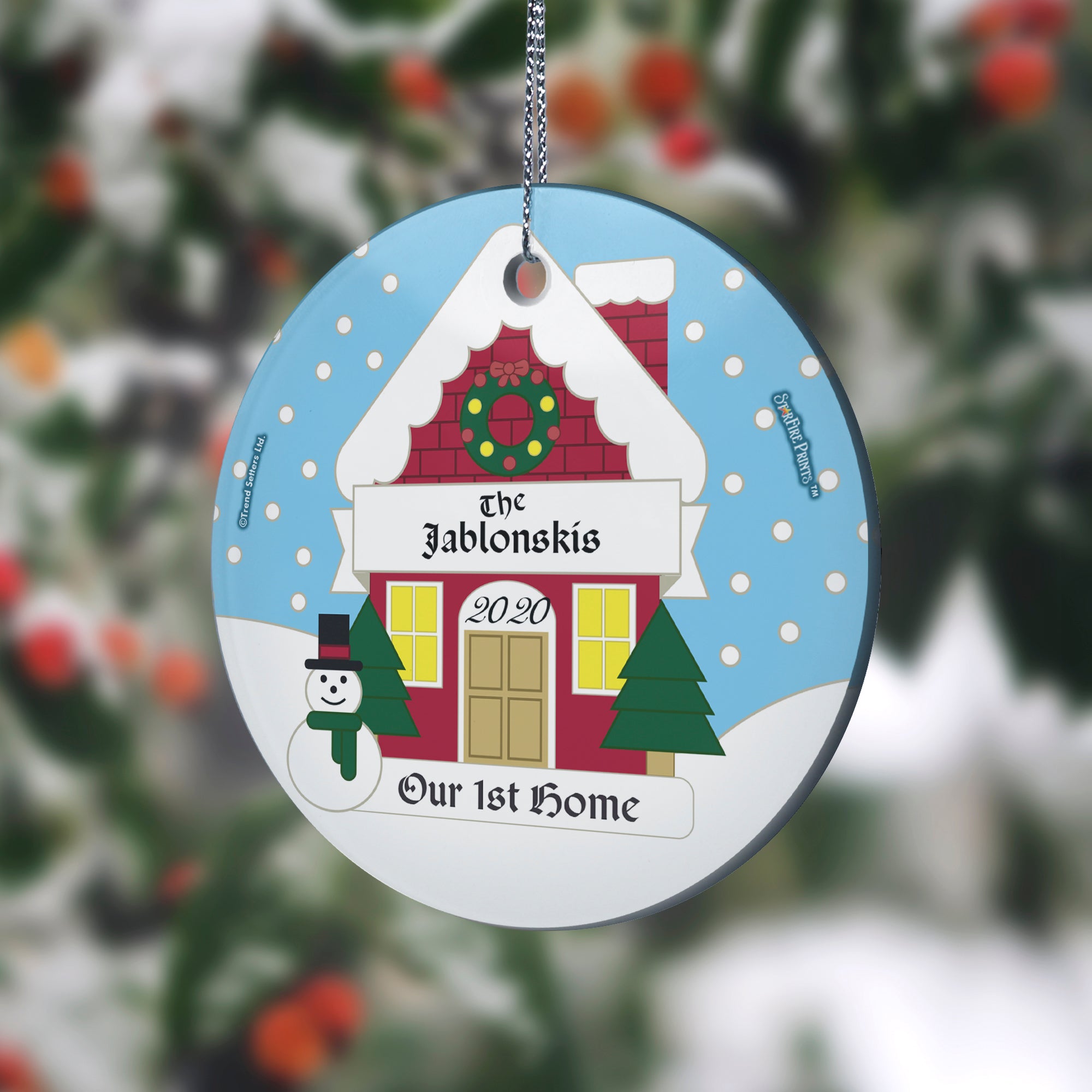 First Home Collection (Christmas Snowman House - Personalized) StarFire Prints Hanging Glass Print SPCIR695
