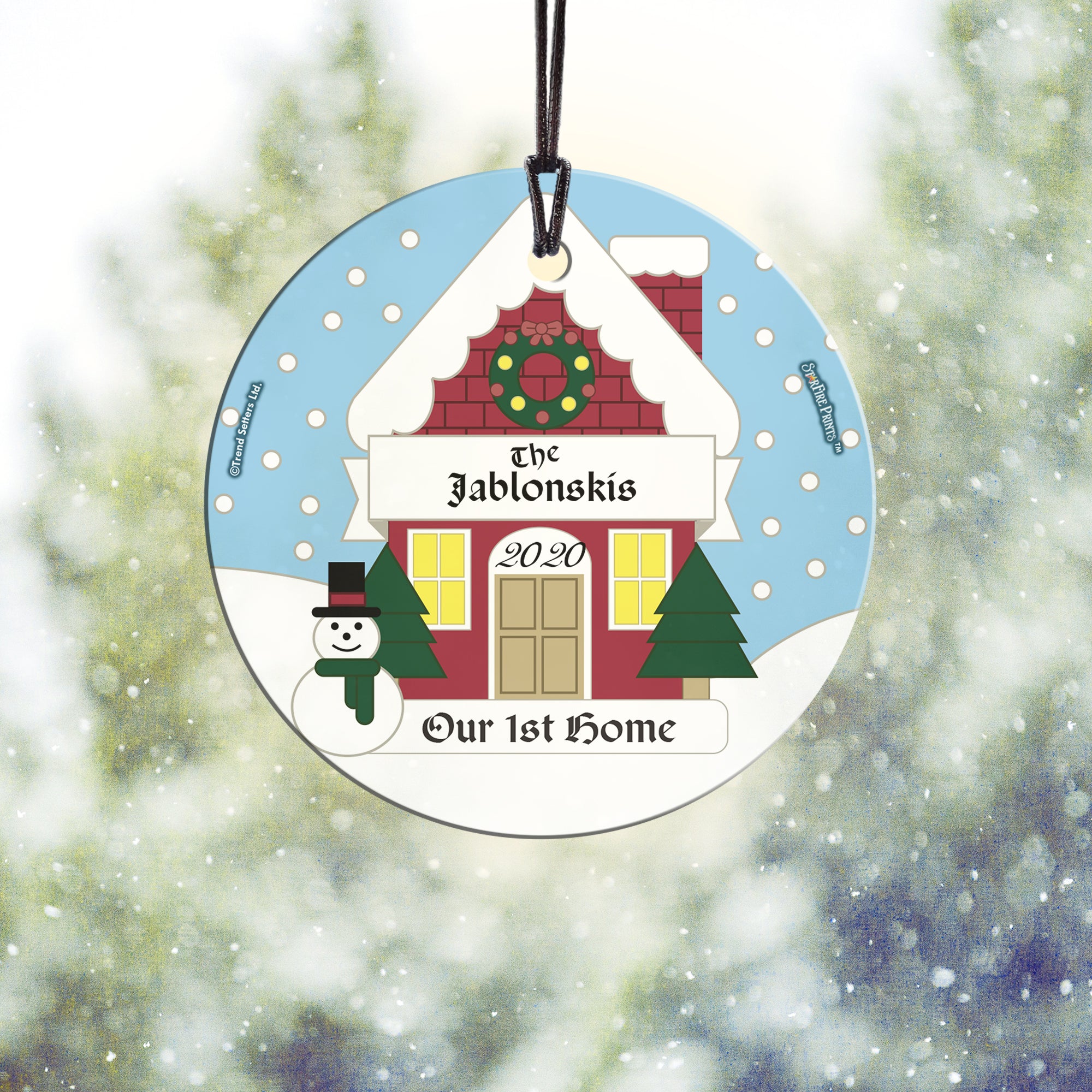 First Home Collection (Christmas Snowman House - Personalized) StarFire Prints Hanging Glass Print SPCIR695