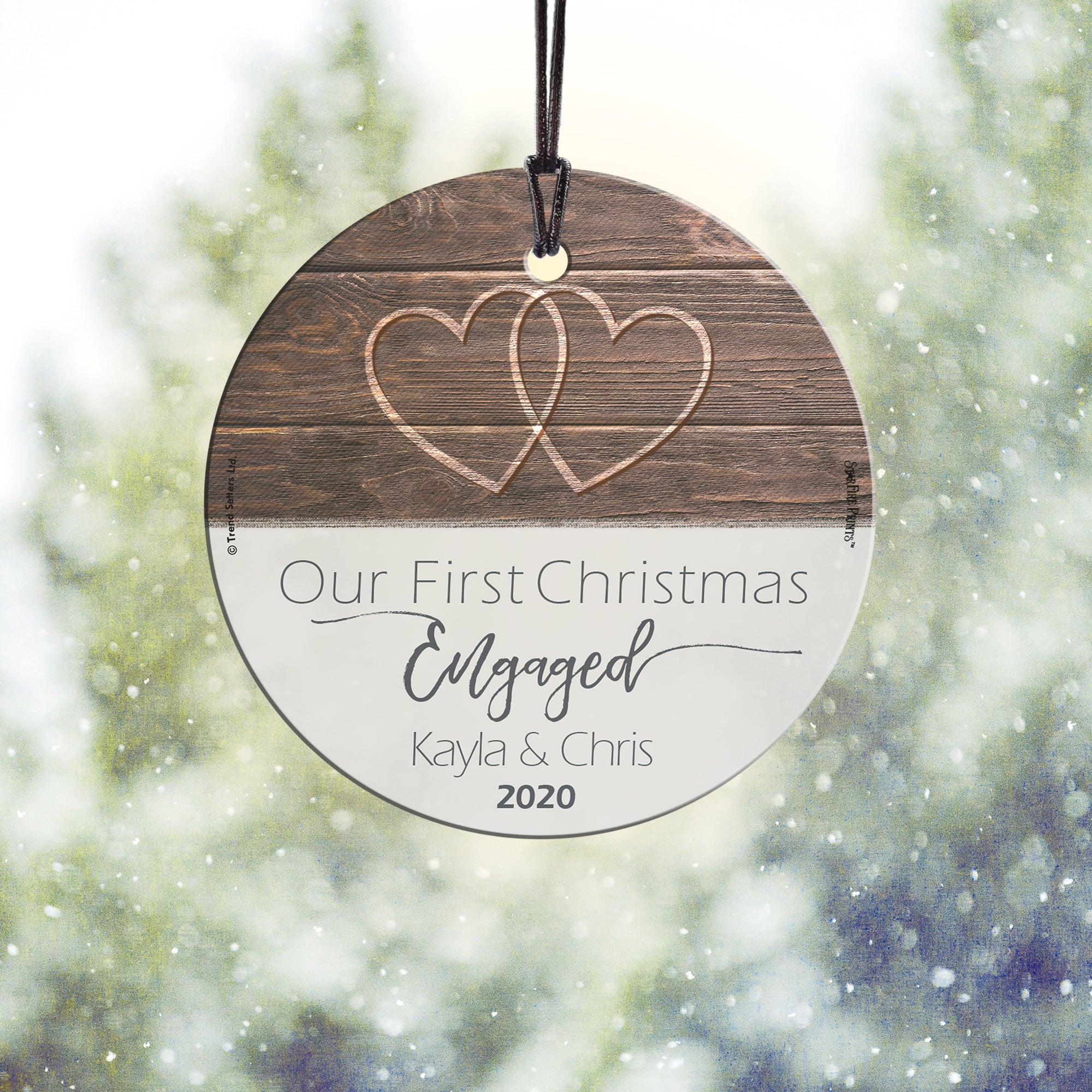 Christmas Collection (First Christmas Engaged - Personalize with Name) StarFire Prints™ Hanging Glass Print