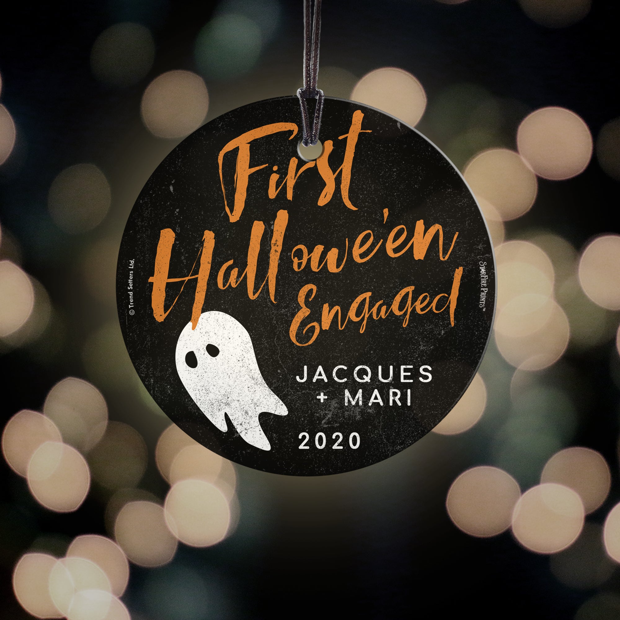 Halloween Collection (First Halloween Engaged Ghost - Personalize with Name) StarFire Prints™ Hanging Glass Print SPCIR916