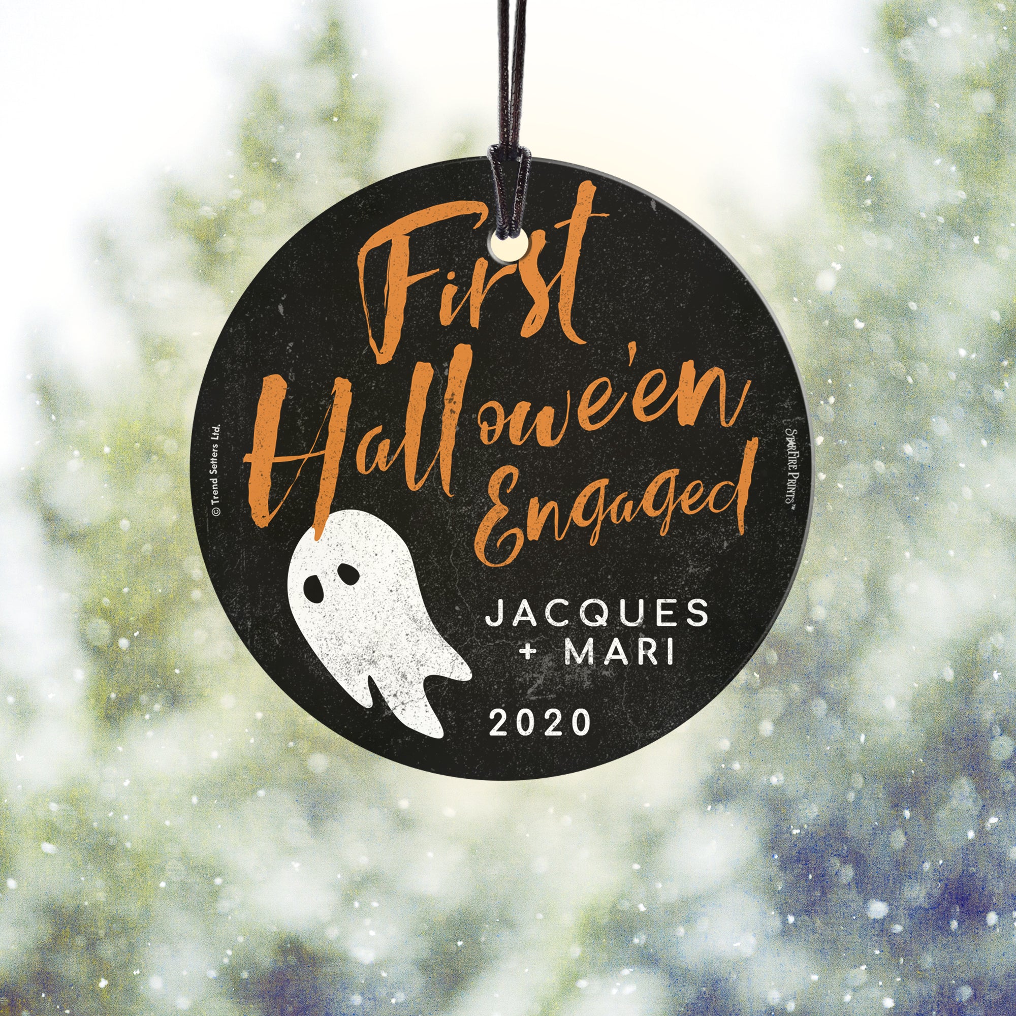 Halloween Collection (First Halloween Engaged Ghost - Personalize with Name) StarFire Prints™ Hanging Glass Print SPCIR916