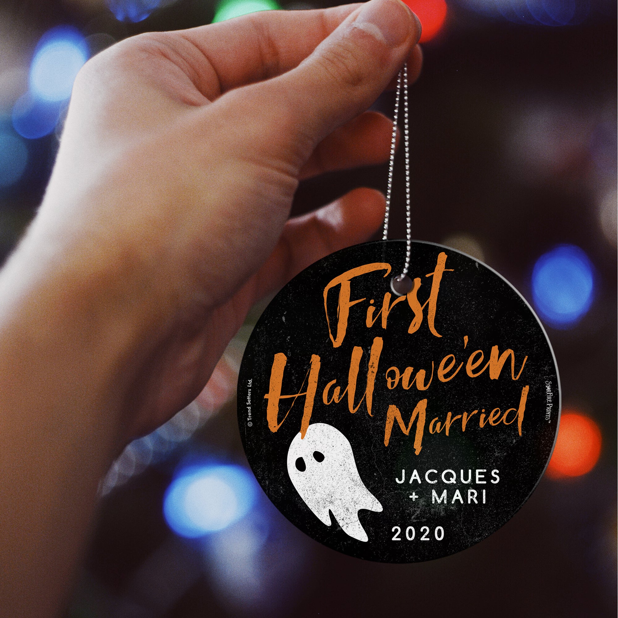 Halloween Collection (First Halloween Married Ghost - Personalize with Name) StarFire™ Prints Hanging Glass Print
