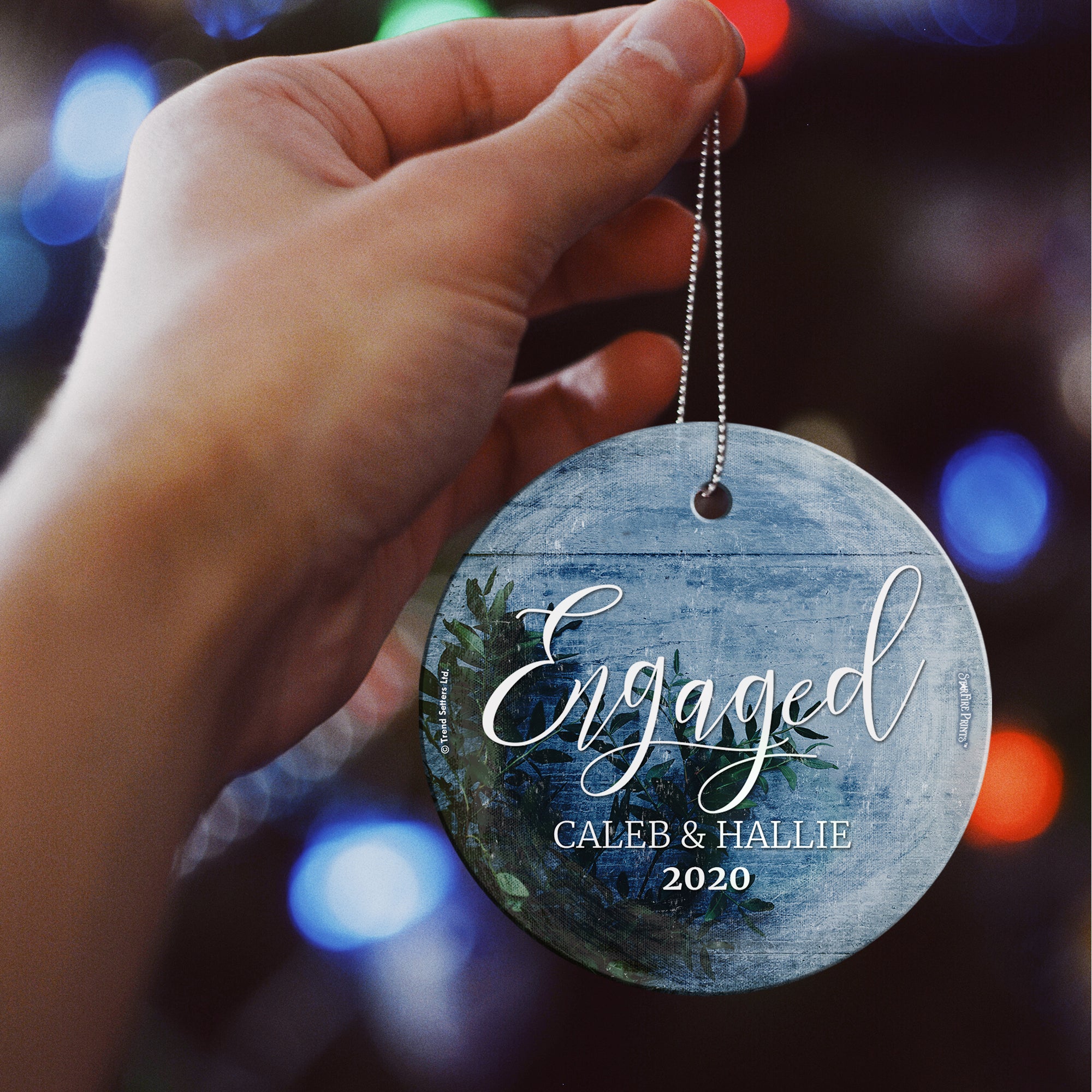 Engagement Collection (First Christmas Engaged Frosted Blue - Personalized) StarFire Prints Hanging Glass Print SPCIR941
