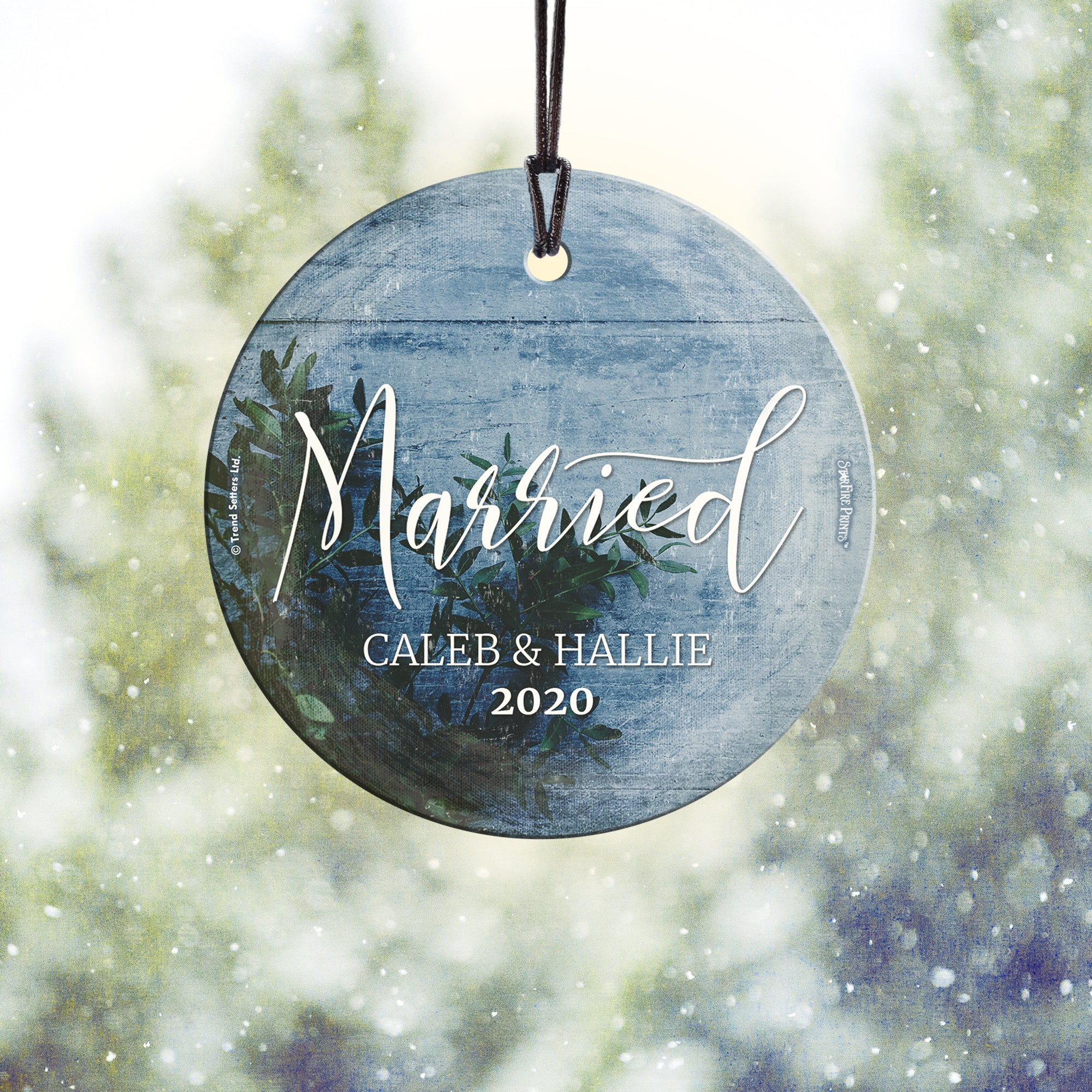 Wedding Collection (First Christmas Married Frosted Blue - Personalized) StarFire Prints Hanging Glass Print SPCIR942