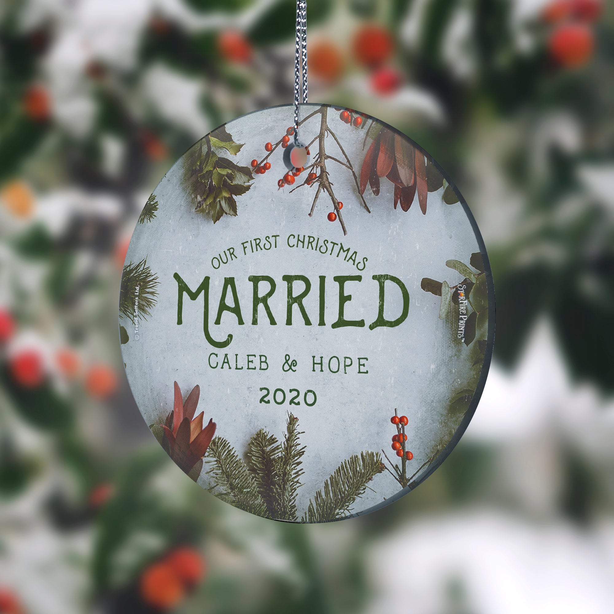 Christmas Collection (First Christmas Married Cranberries - Personalized) StarFire Prints Hanging Glass Print SPCIR944