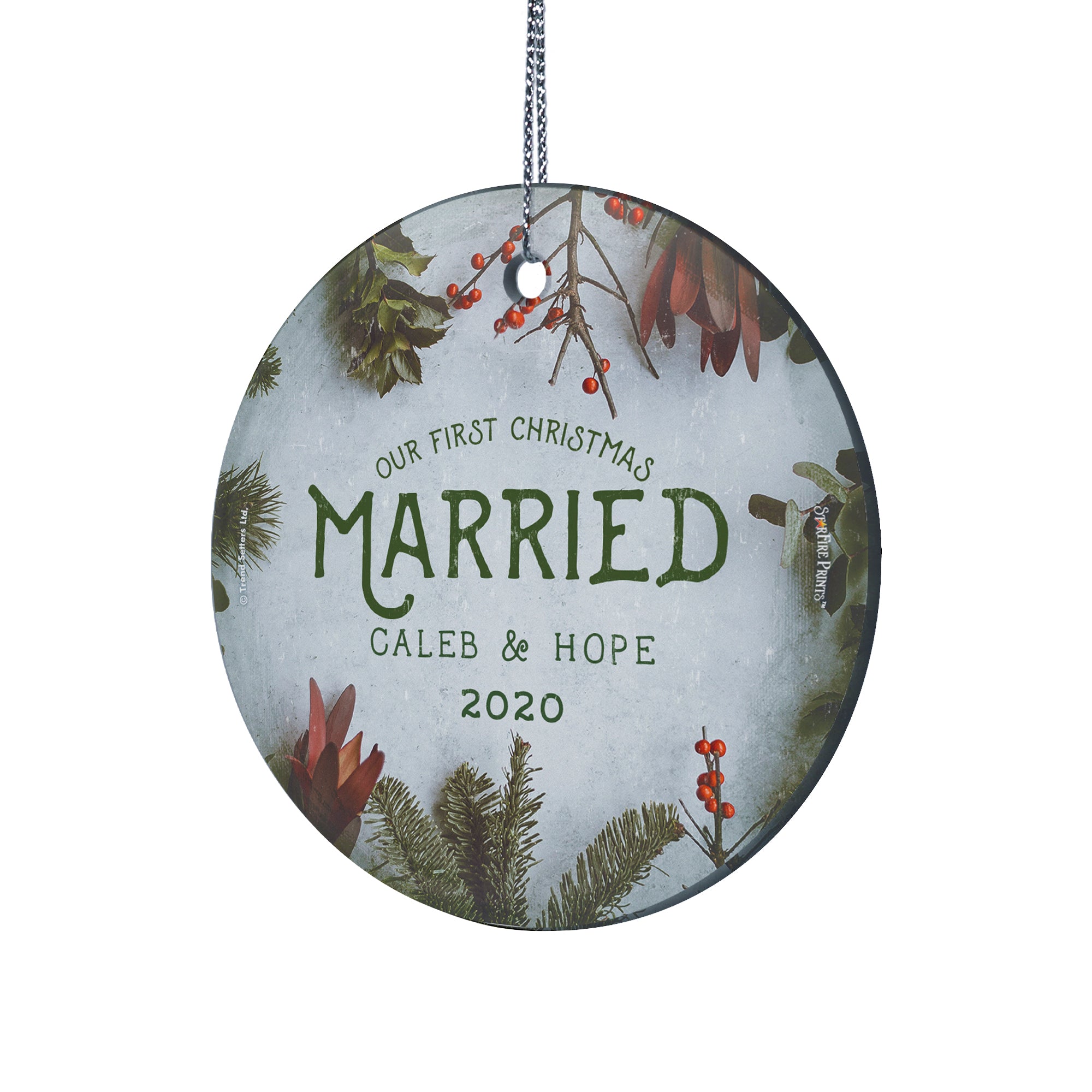 Christmas Collection (First Christmas Married Cranberries - Personalized) StarFire Prints Hanging Glass Print SPCIR944