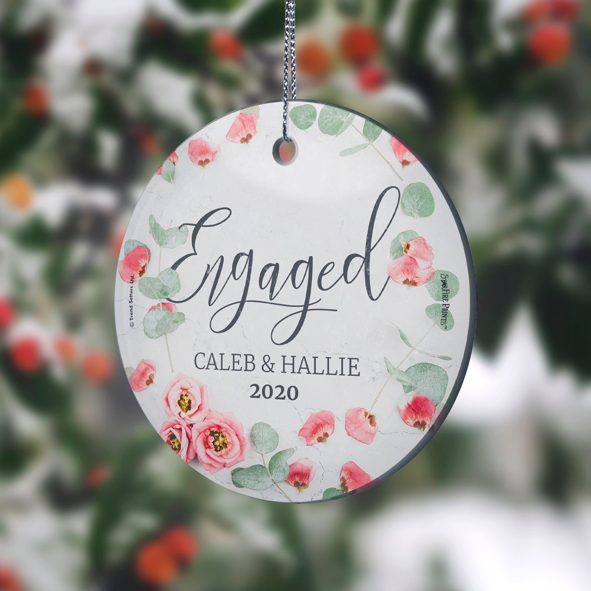 Engagement Collection (First Christmas Engaged Pink Flowers - Personalized) StarFire Prints Hanging Glass Print SPCIR946