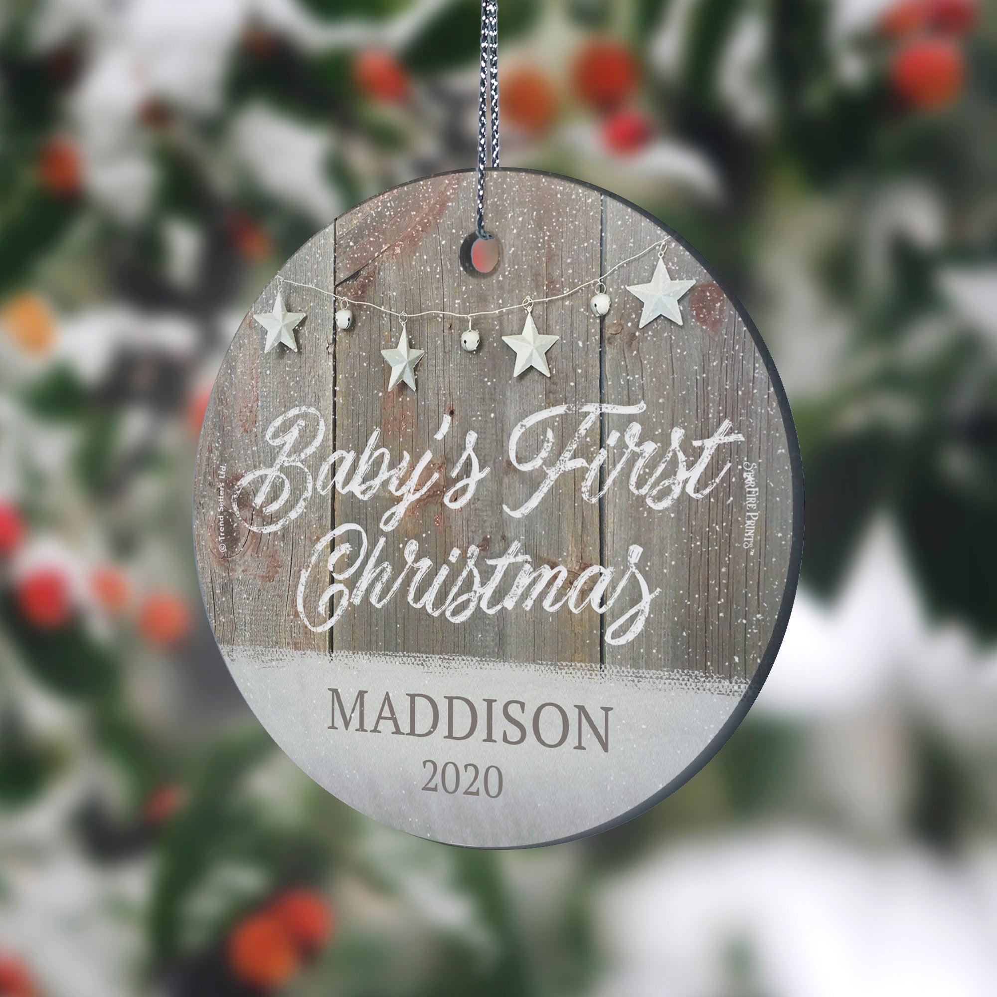 Baby's First Christmas (Rustic Snow and Stars - Personalized) StarFire Prints Hanging Glass Print SPCIR959