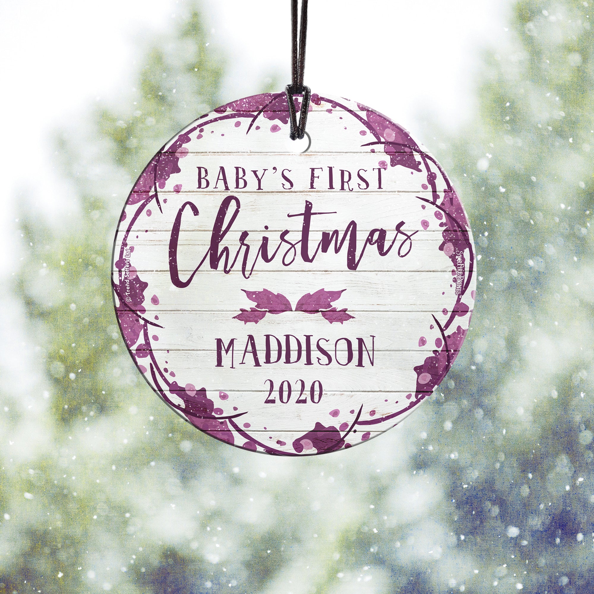 Baby's First Christmas (Purple and Shiplap - Personalized) StarFire Prints Hanging Glass Print SPCIR960