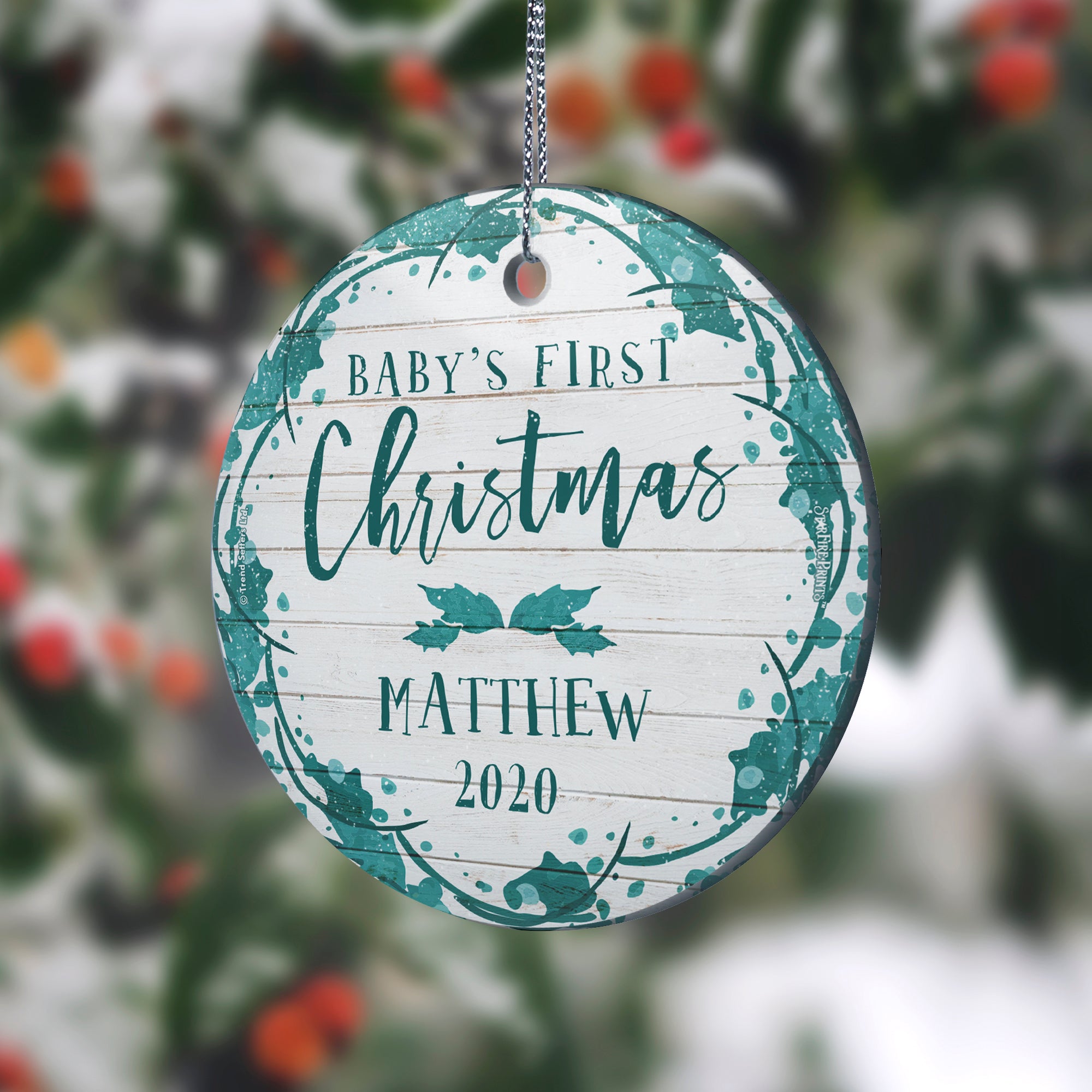 Christmas Collection (Baby's First - Teal Shiplap - Personalized) StarFire Prints Hanging Glass Print SPCIR961