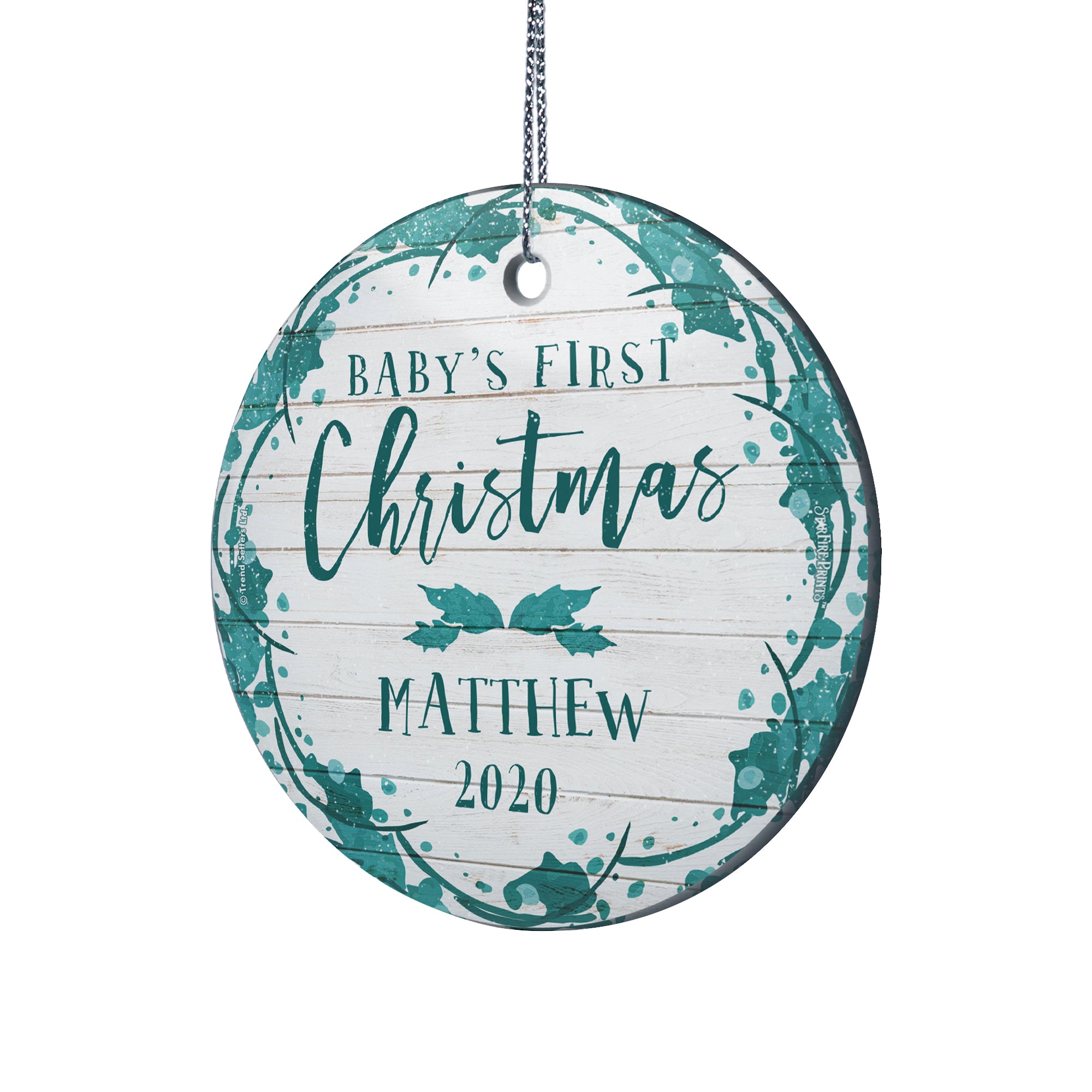 Christmas Collection (Baby's First - Teal Shiplap - Personalized) StarFire Prints Hanging Glass Print SPCIR961