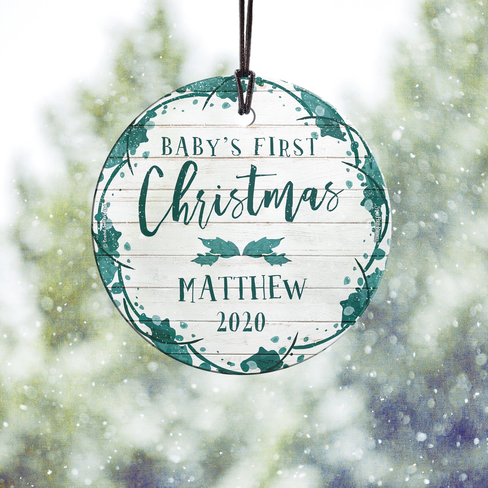 Christmas Collection (Baby's First - Teal Shiplap - Personalized) StarFire Prints Hanging Glass Print SPCIR961