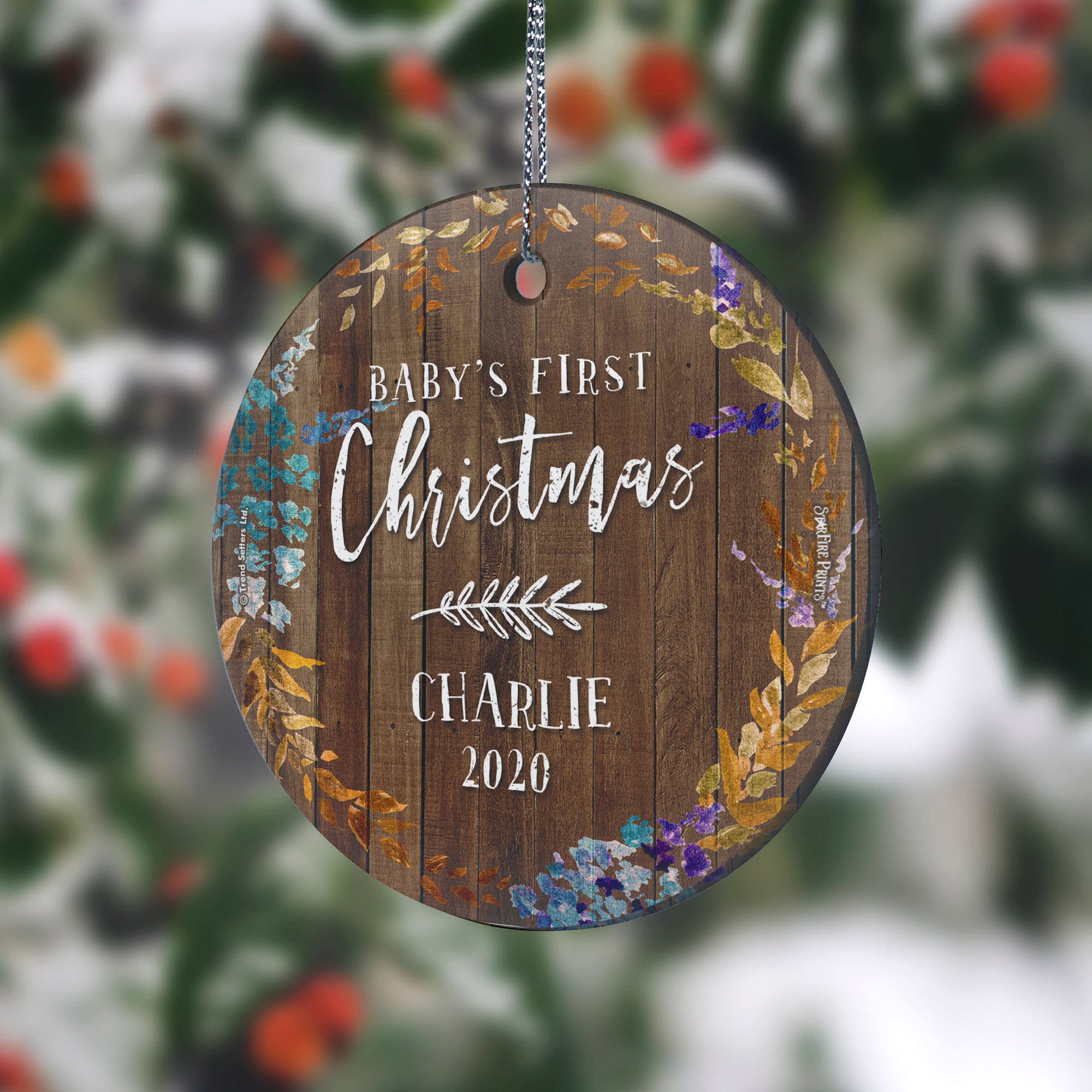Baby's First Christmas (Jewel Tone Leaves and Wood - Personalized) StarFire Prints Hanging Glass Print SPCIR962