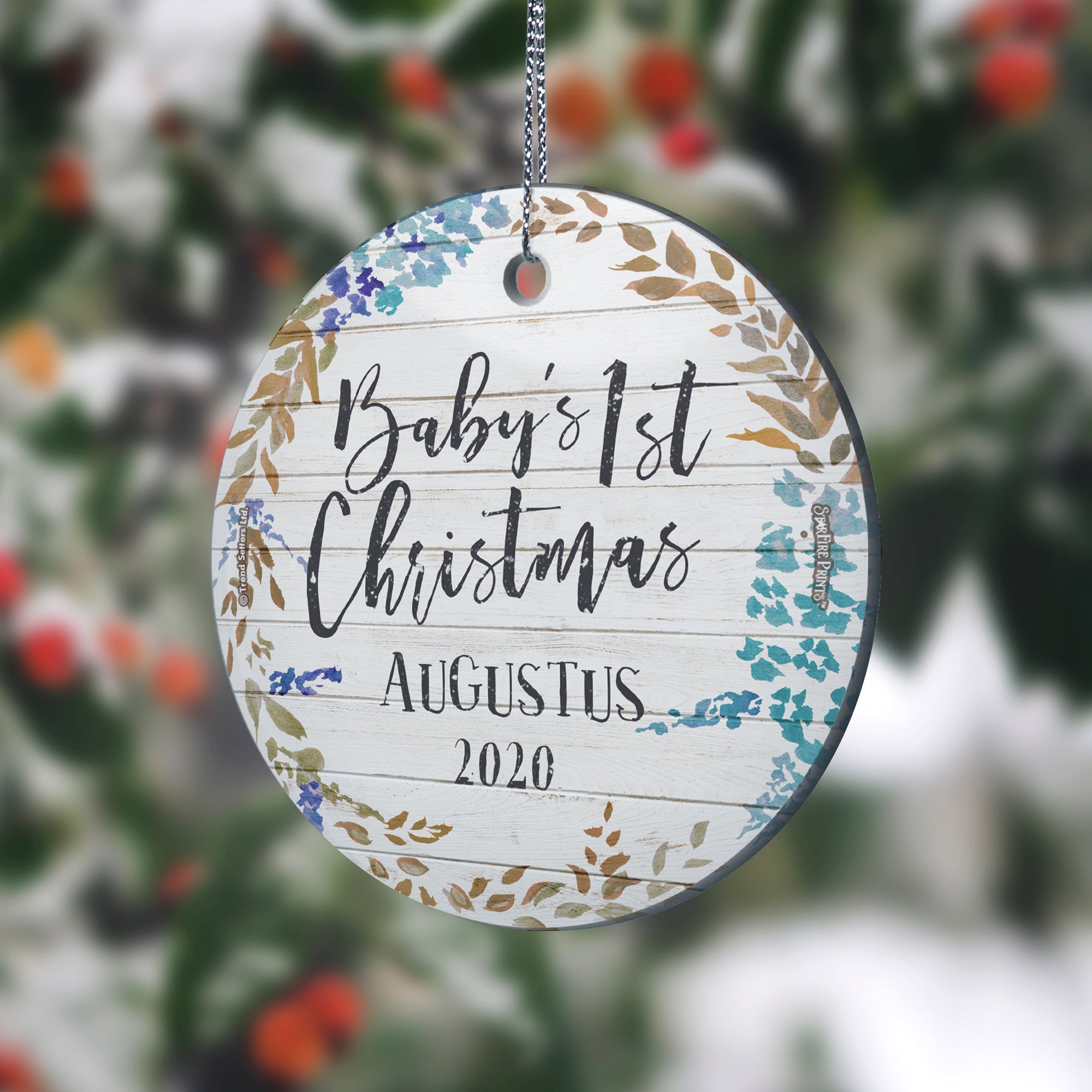Baby's First Christmas (Shiplap and Leaves - Personalized) StarFire Prints Hanging Glass Print SPCIR963