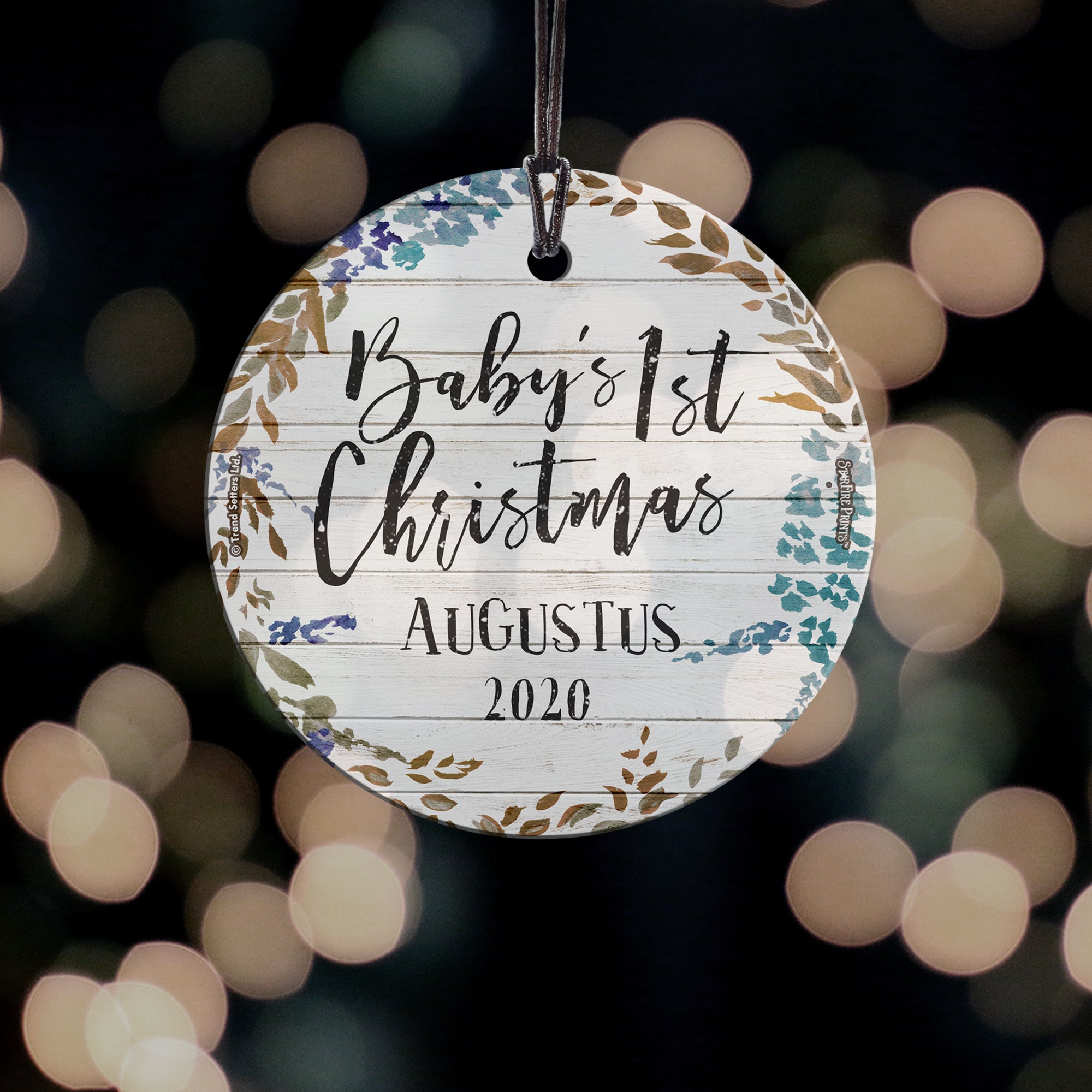 Baby's First Christmas (Shiplap and Leaves - Personalized) StarFire Prints Hanging Glass Print SPCIR963