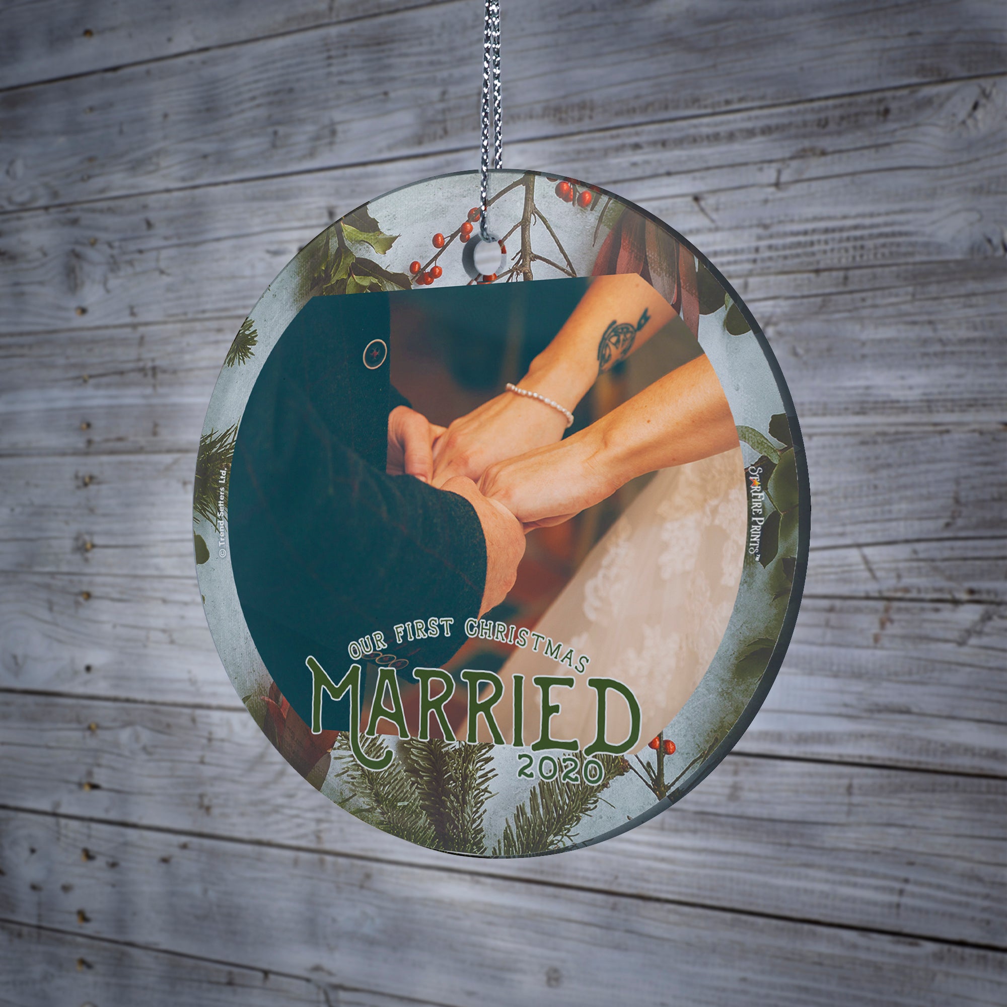 Christmas Collection (First Christmas Married Cranberries - Personalize with Image) StarFire Prints Hanging Glass Print