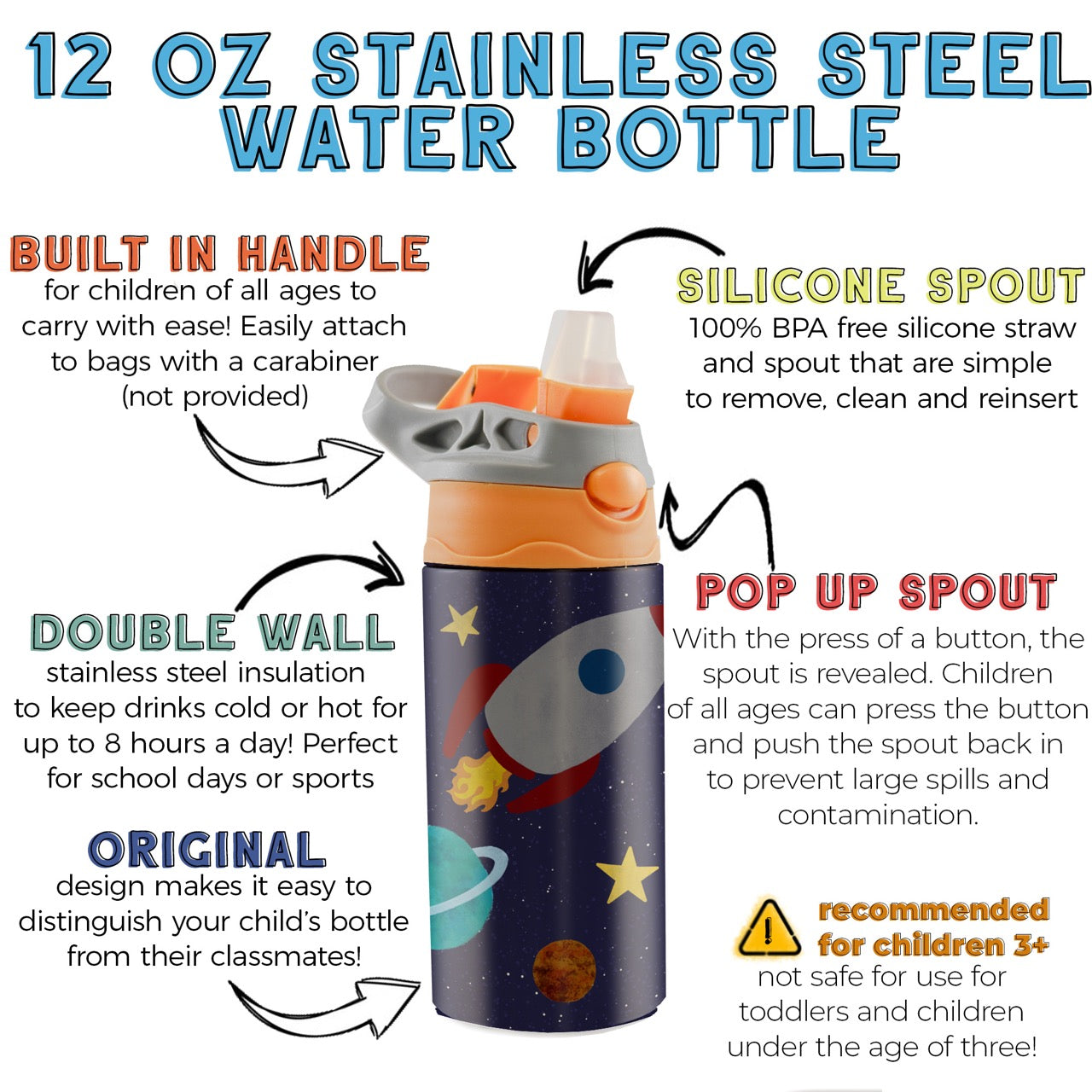 Trend Setters Original (Astronaut - Personalize with Name) 12 oz Stainless Steel Water Bottle with Orange and Grey Lid