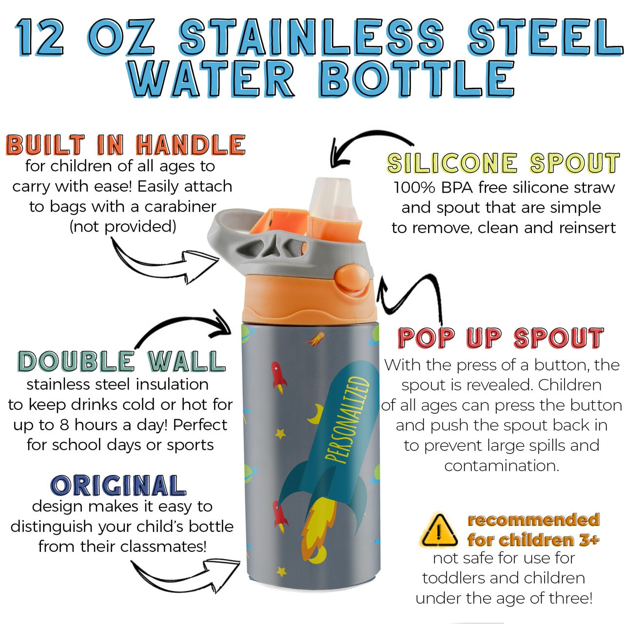 Trend Setters Original (Outer Space - Personalize with Name) 12 oz Stainless Steel Water Bottle with Orange and Grey Lid