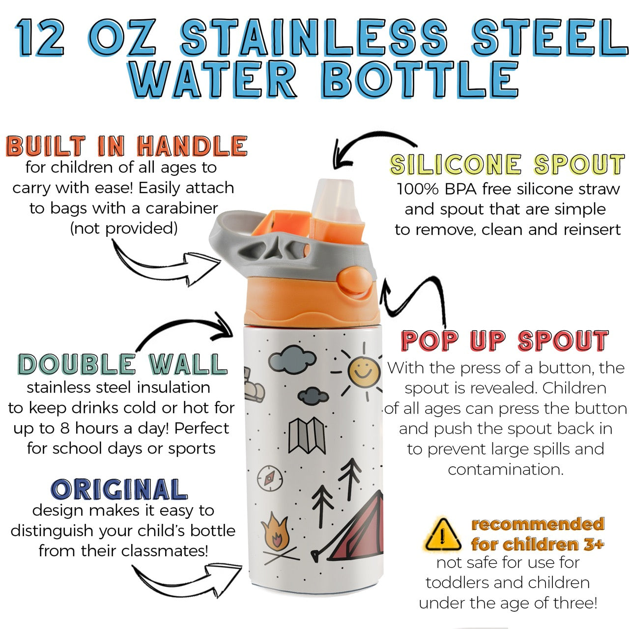 Trend Setters Original (Camping - Personalize with Name) 12 oz Stainless Steel Water Bottle with Orange and Grey Lid