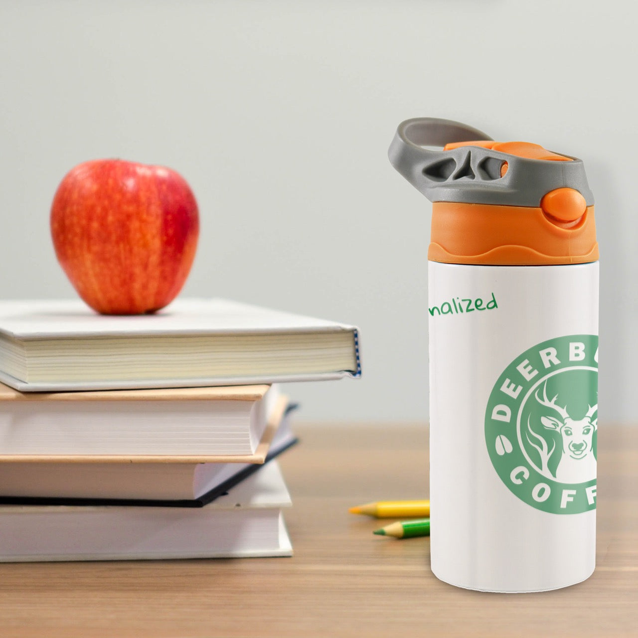 Kids Collection (Deerbucks Coffee - Personalized) 12 oz Stainless Steel Water Bottle with with Orange and Grey Lid