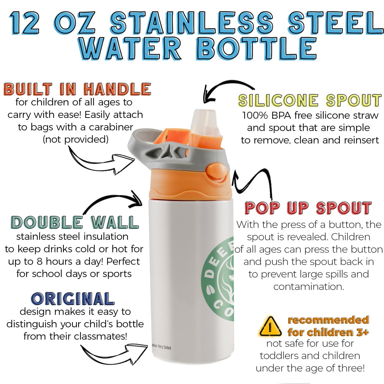 Kids Collection (Deerbucks Coffee - Personalized) 12 oz Stainless Steel Water Bottle with with Orange and Grey Lid