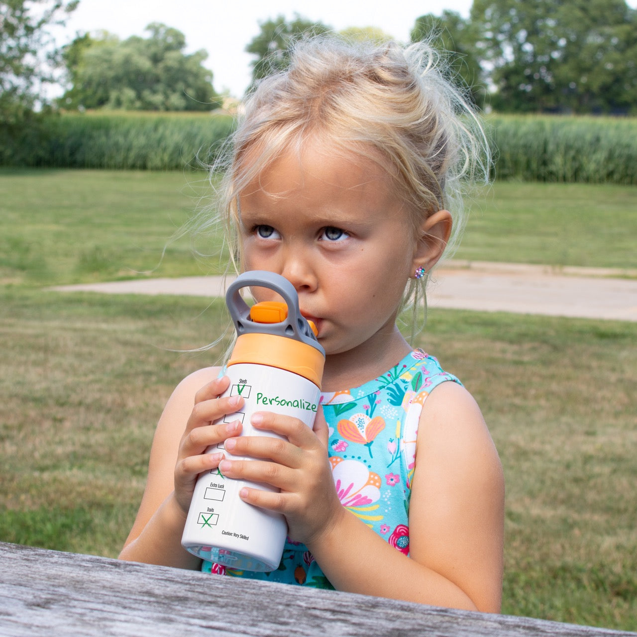 Kids Collection (Deerbucks Coffee - Personalized) 12 oz Stainless Steel Water Bottle with with Orange and Grey Lid