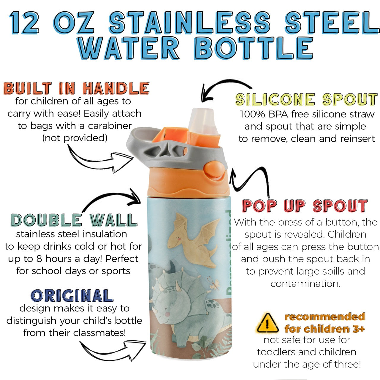 Trend Setters Original (Dinosaurs - Personalize with Name) 12 oz Stainless Steel Water Bottle with Orange and Grey Lid