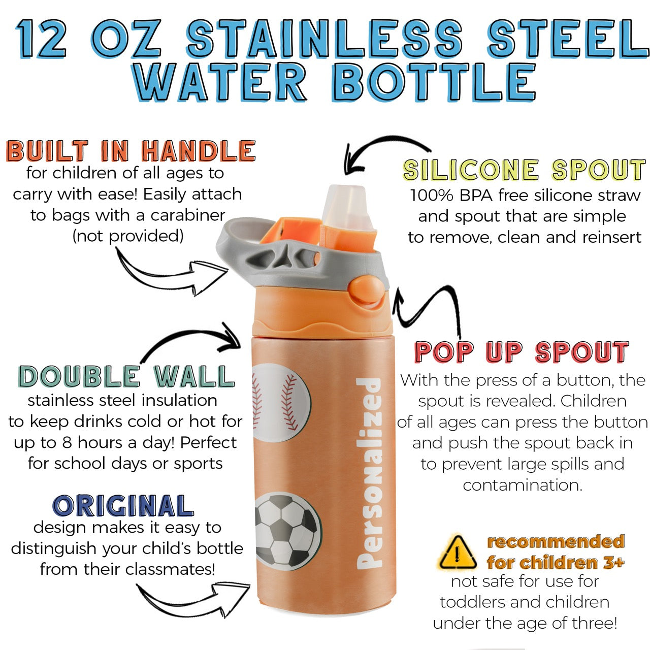 Sports Collection (Stickers - Personalize with Name) 12 oz Stainless Steel Water Bottle with Orange and Grey Lid