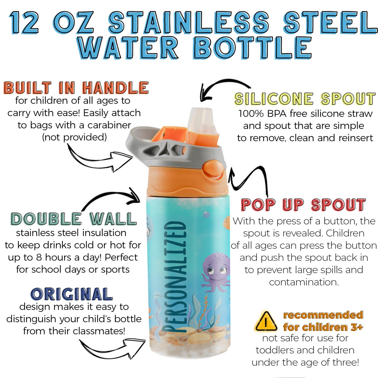 Trend Setters Original (Sea Life - Personalize with Name) 12 oz Stainless Steel Water Bottle with Orange and Grey Lid