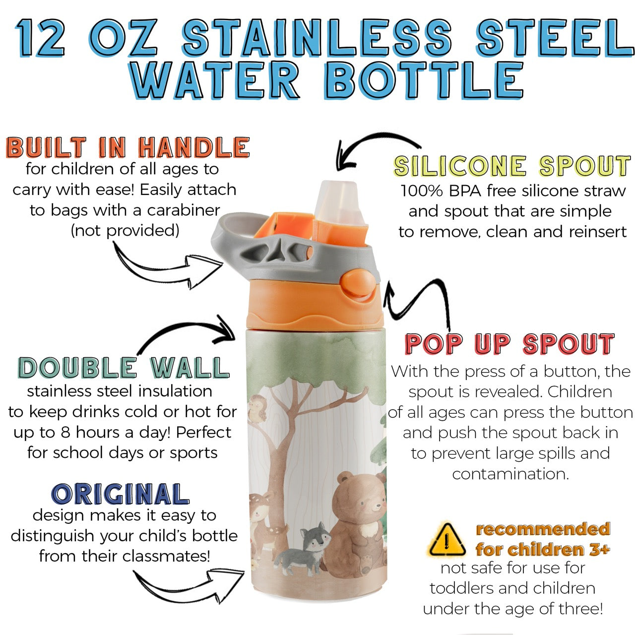 Trend Setters Original (Woodland Baby Animals - Personalize with Name) 12 oz Stainless Steel Water Bottle with Orange and Grey Lid