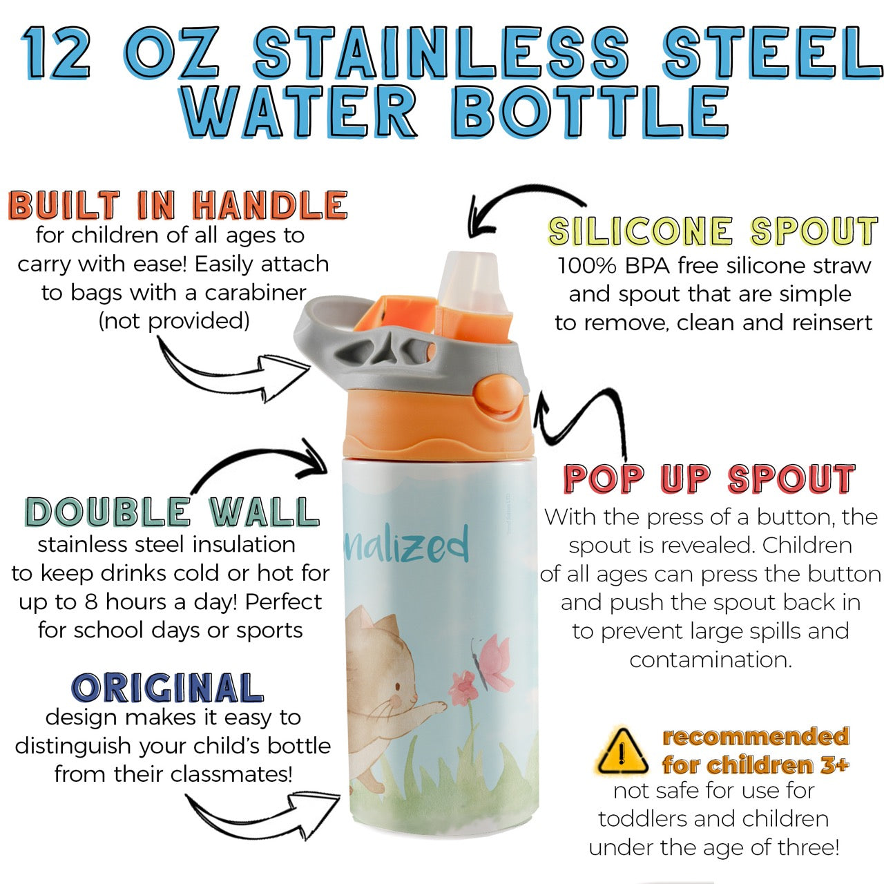 Trend Setters Original (Kitty Cat - Personalize with Name) 12 oz Stainless Steel Water Bottle with Orange and Grey Lid