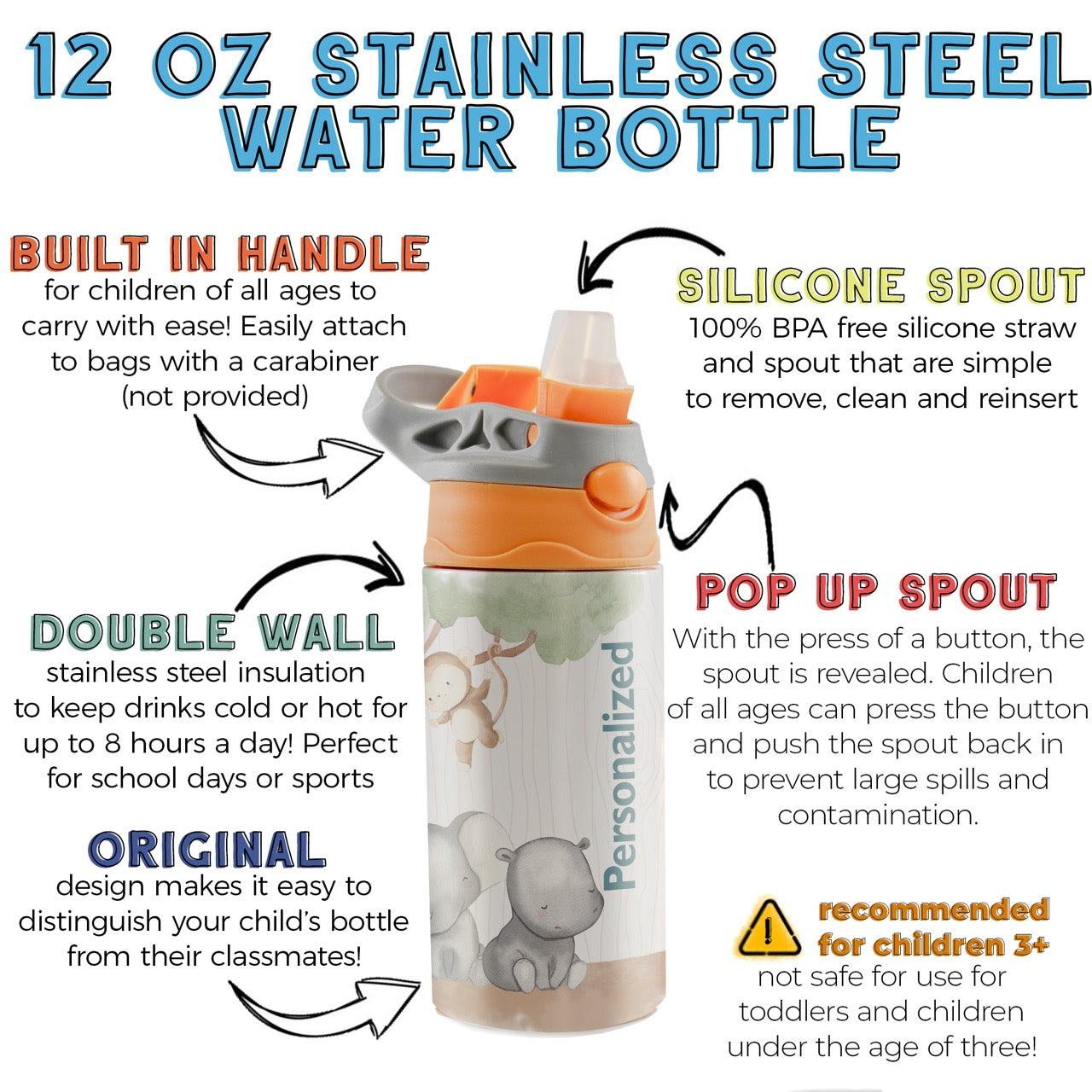 Trend Setters Original (Safari Animals - Personalize with Name) 12 oz Stainless Steel Water Bottle with Orange and Grey Lid